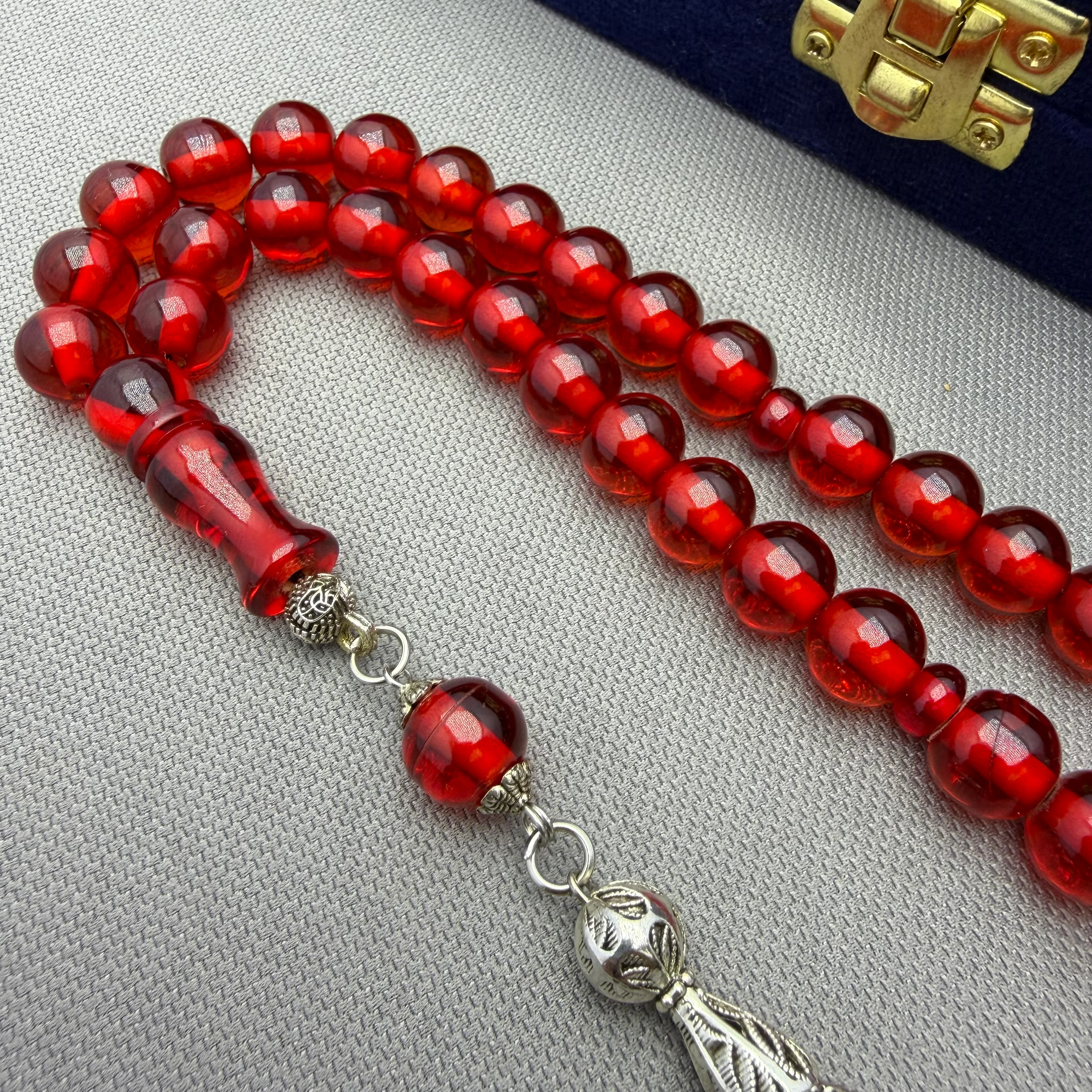 Alpaka Püsküllü Altı Sallantılı Küre Kesim Ateş Kırmızı Ateş Kehribar Tespih