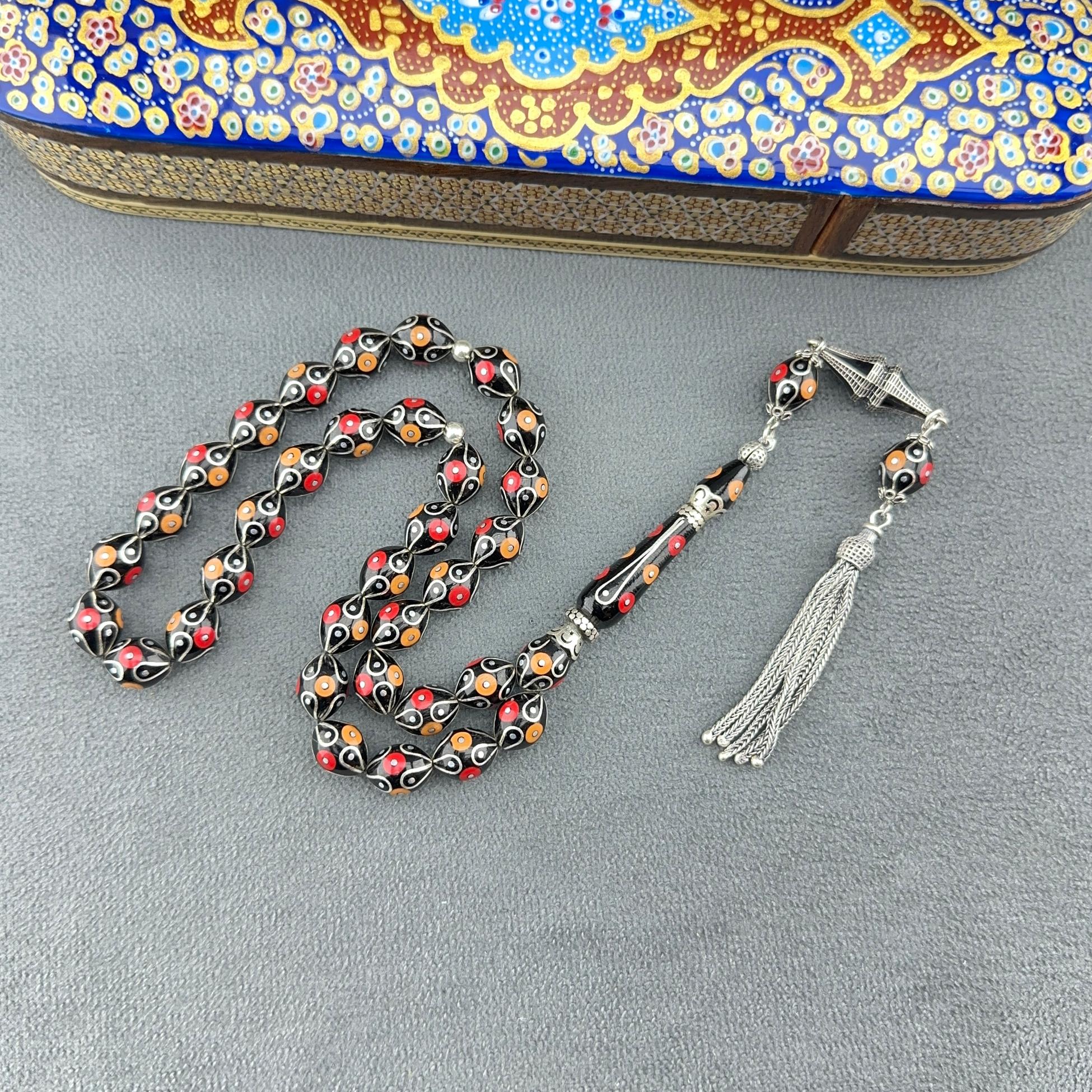 Özel Tasarım Nadir Malzeme Mercan ve Gümüş İşlemeli Orjinal Oltu Taşı Tespih