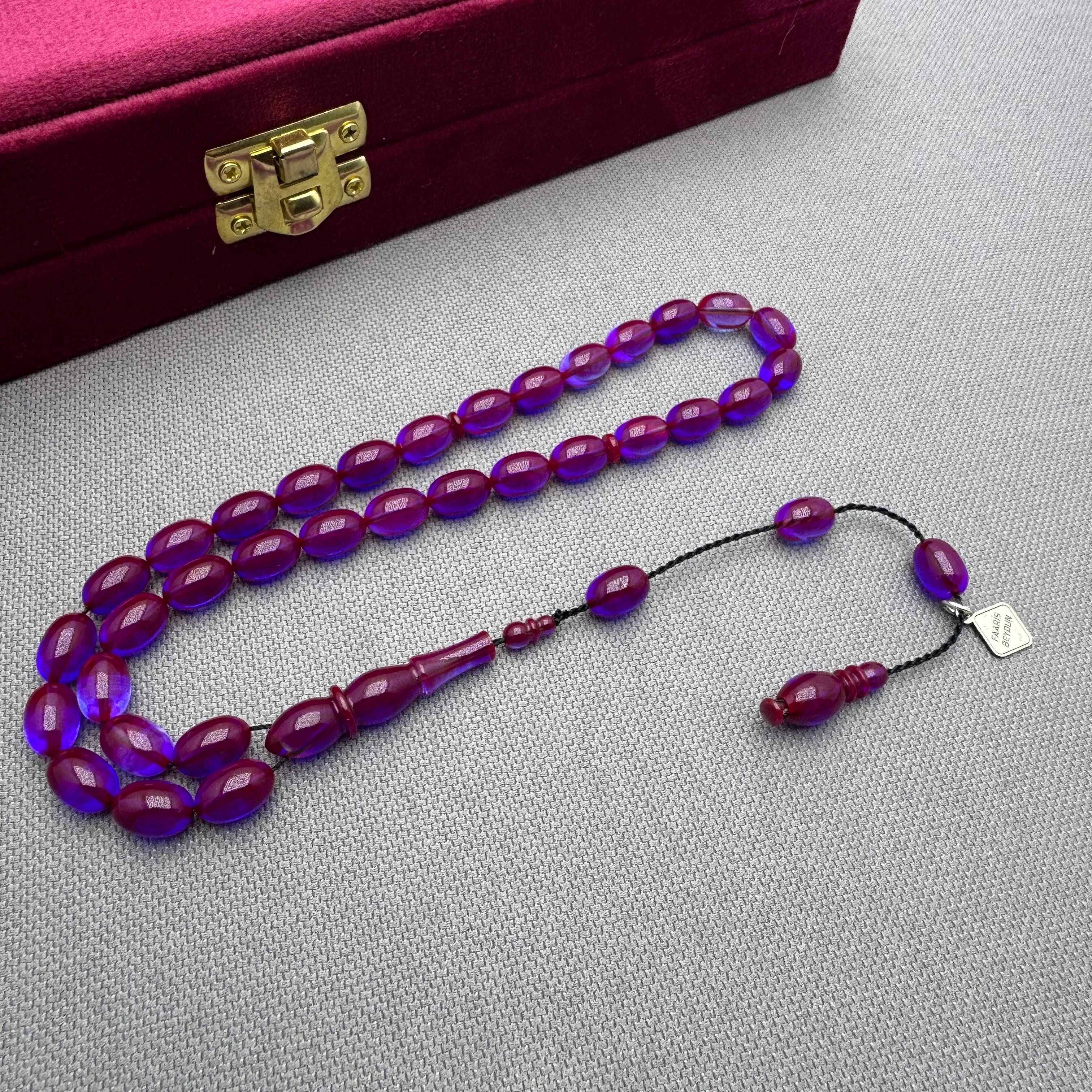 Faaris BEYDUN Bordo Mavi Özel Döküm Renk Beyzi Kesim Ateş Kehribar Tespih