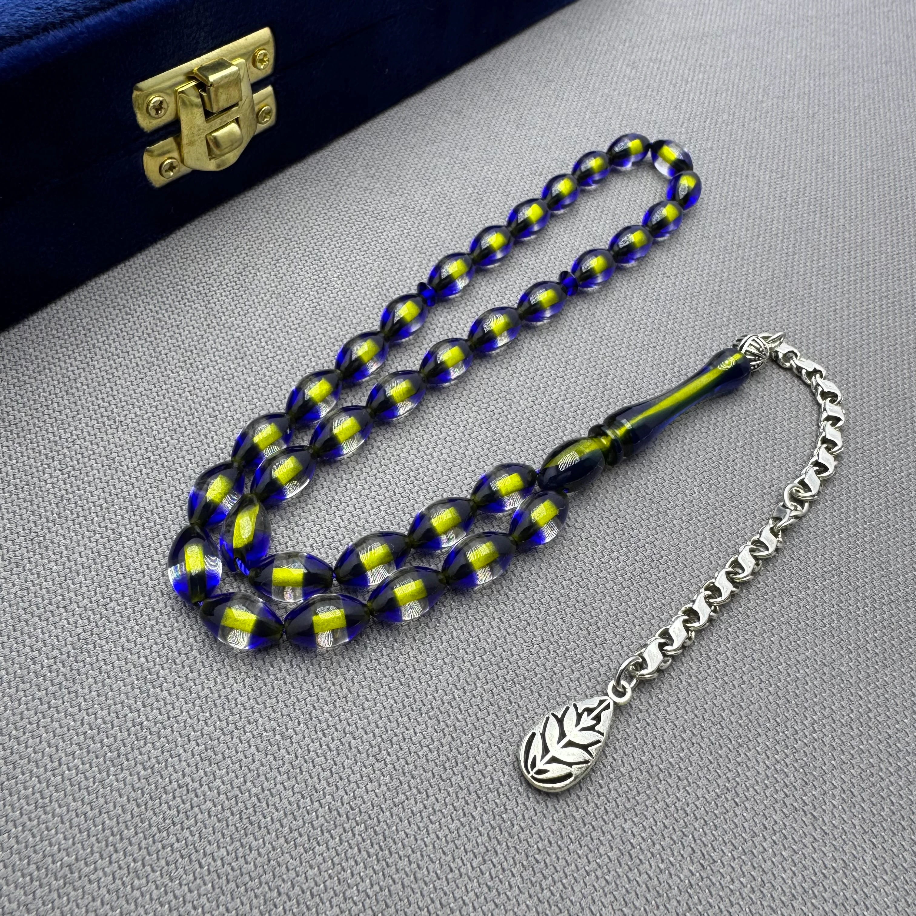 Alpaka Püsküllü Sarı Lacivert Sürmeli Renk Süzmesi Sıkma Kehribar Tespih