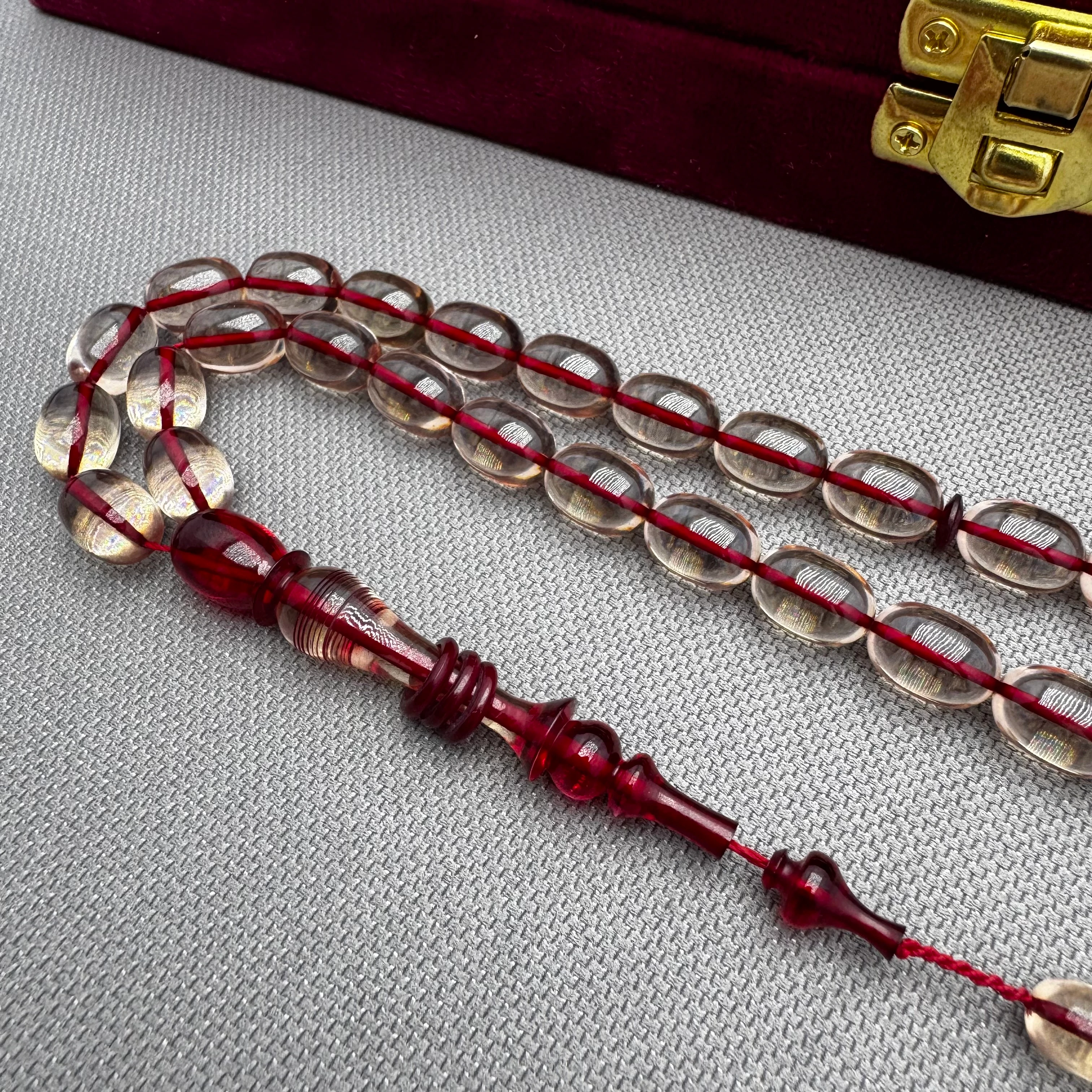 Emine REŞVANİ Usta İşçilikli Şeffaf İp Yolları Kırmızı Halkalı İmame Özel Tasarım Ateş Kehribar Tespih