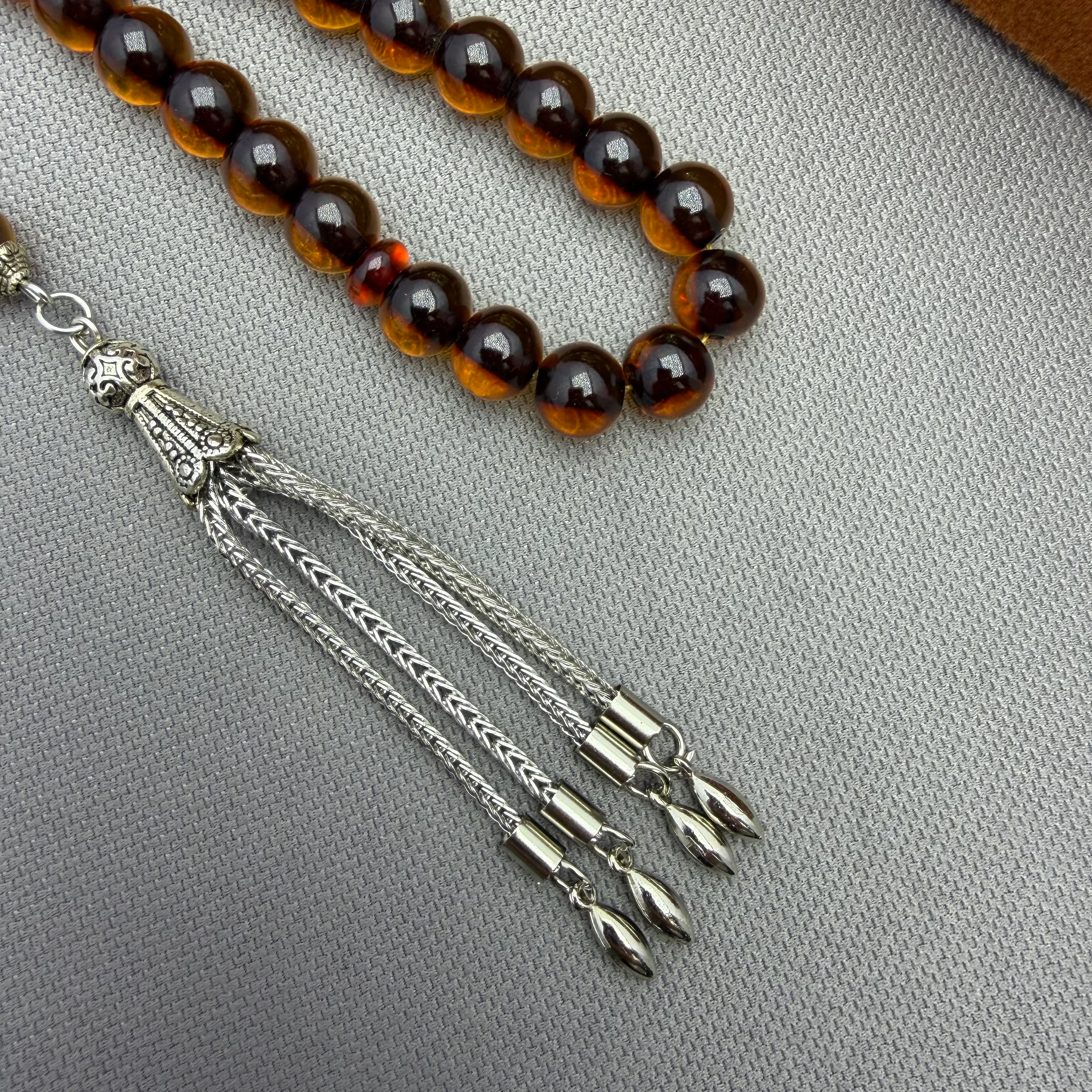 Osmanlı Ateş Benzetme Tekerlek Kesim Alpaka Püsküllü Karamel Kahve Ateş Kehribar Tespih 