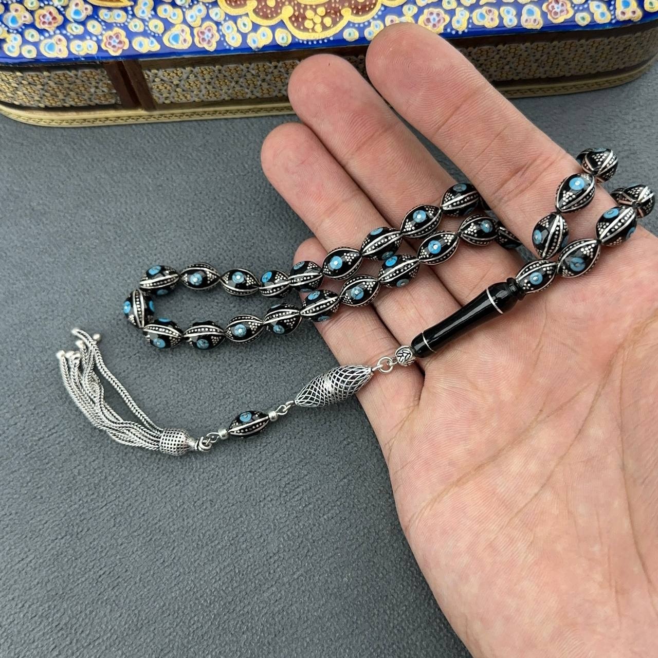 Türker KIZILELMA Usta İşçilikli Özel Firuze İşlemeli Orjinal Oltu Taşı Tespih