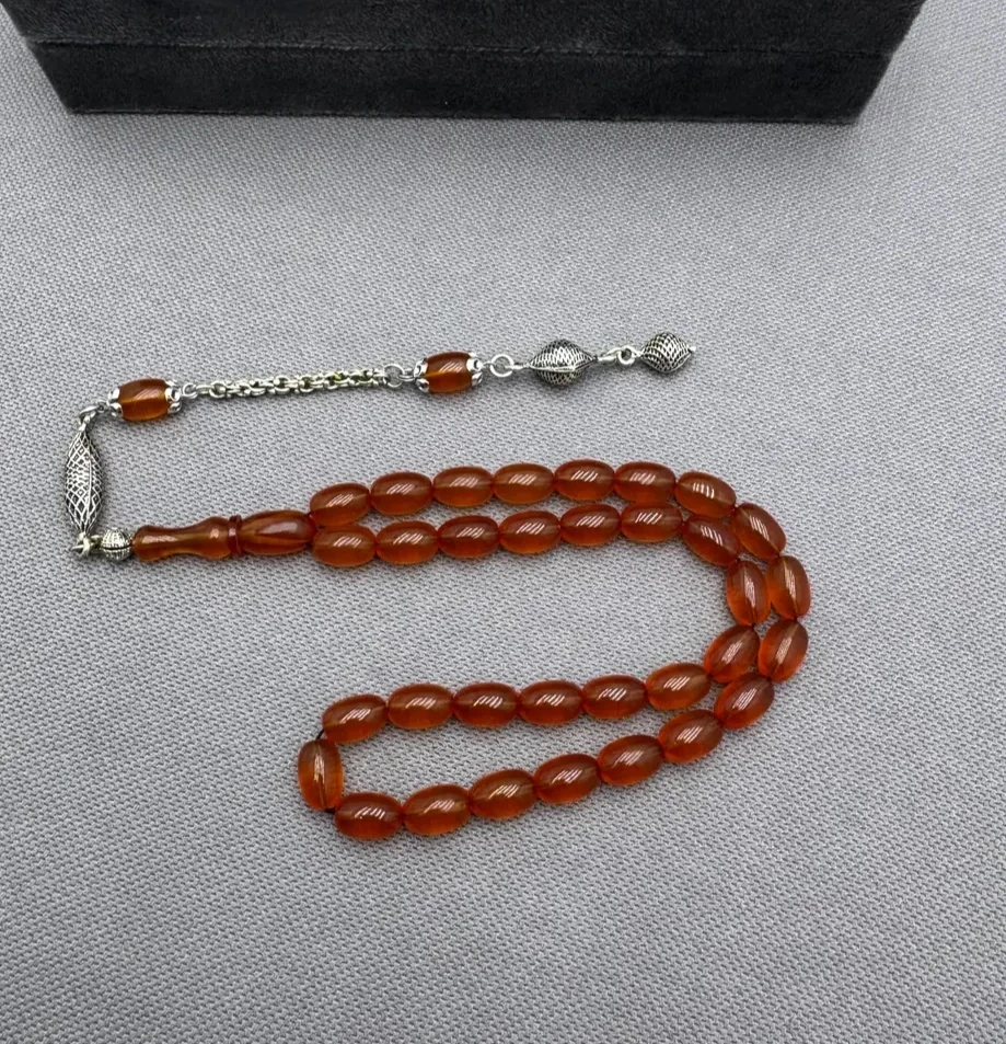 Alpaka Püsküllü Buğulu Hamur Turuncu Ateş Kehribar Tespih