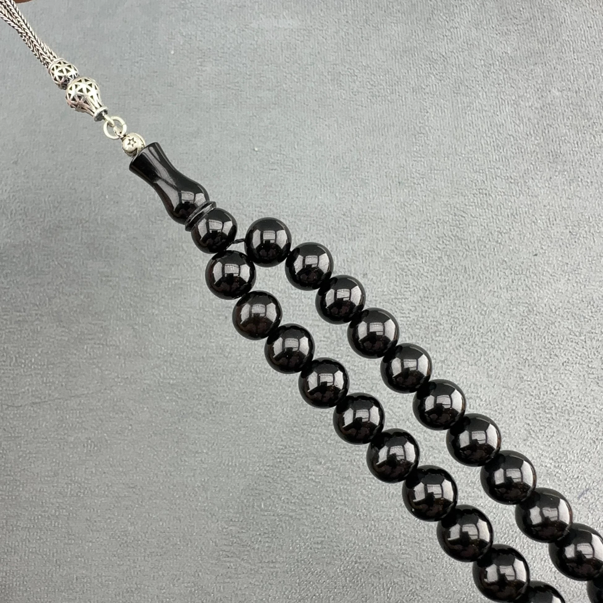 Has Süzme 925 Ayar Gümüş Püsküllü Küre Kesim Orjinal Koleksiyonluk Erzurum Oltu Taşı Tespih