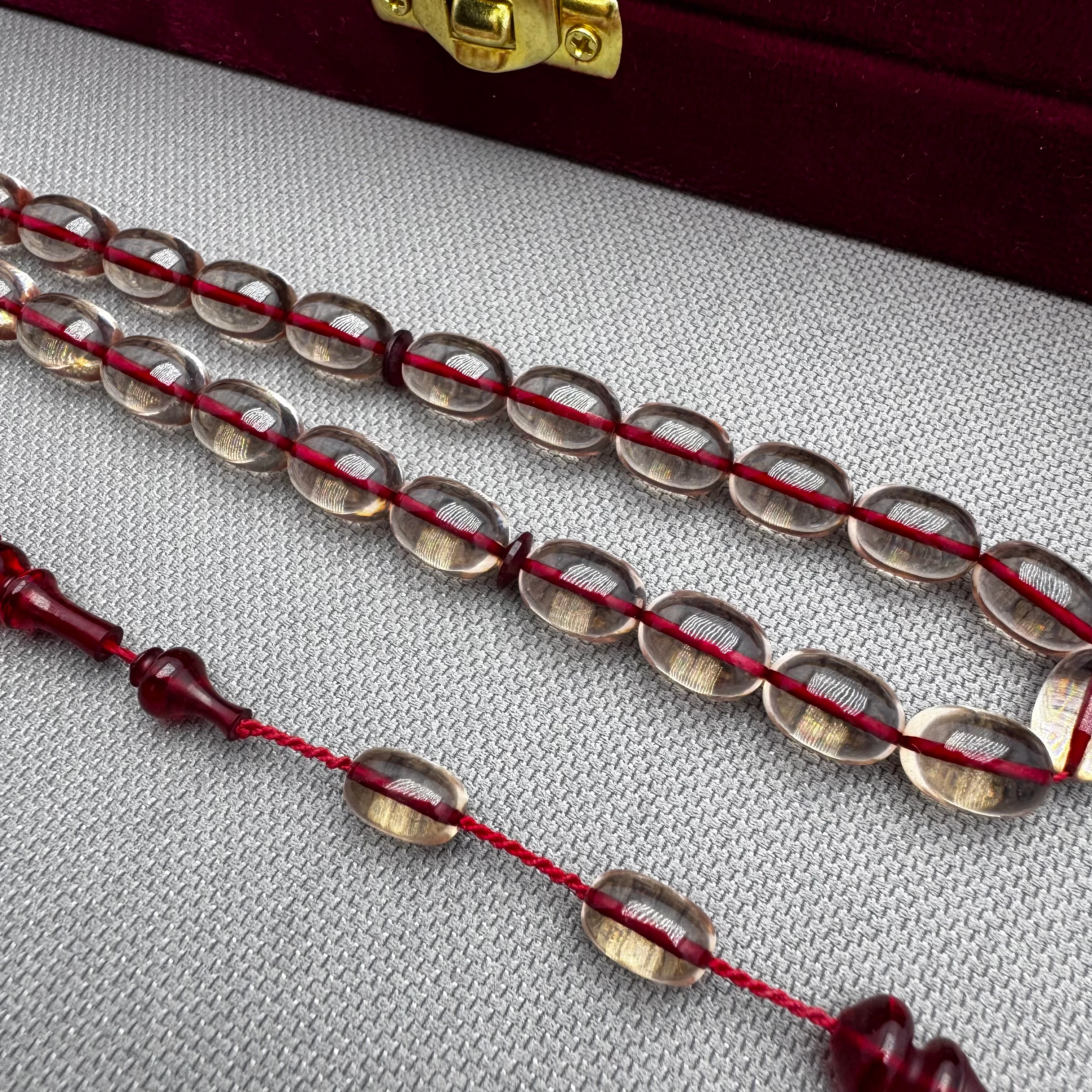 Emine REŞVANİ Usta İşçilikli Şeffaf İp Yolları Kırmızı Halkalı İmame Özel Tasarım Ateş Kehribar Tespih