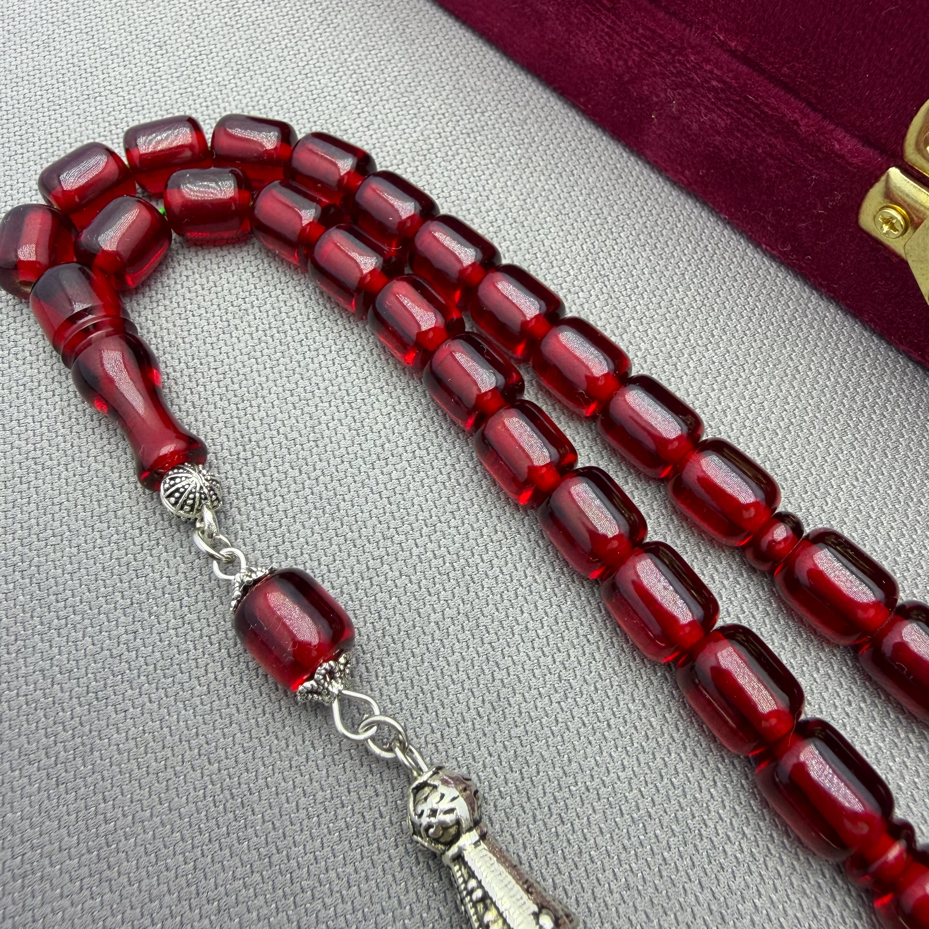 Alpaka Püsküllü Beş Sallantılı Ateş Kırmızısı Kapsül Kesim Ateş Kehribar Tespih