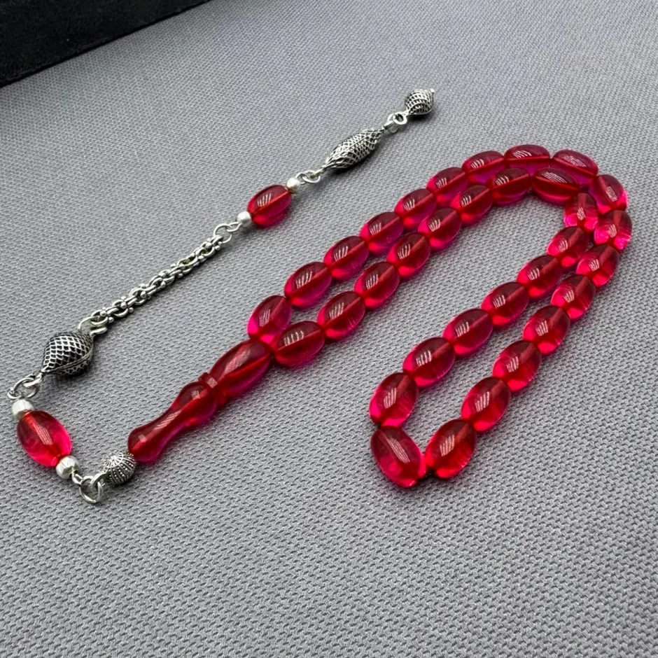 Alpaka Püsküllü Pembe Ateş Kehribar Tespih