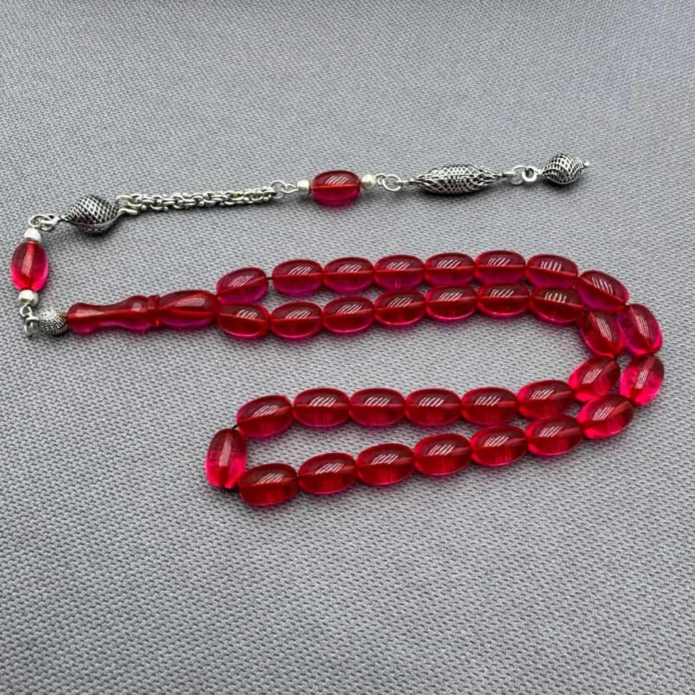 Alpaka Püsküllü Pembe Ateş Kehribar Tespih