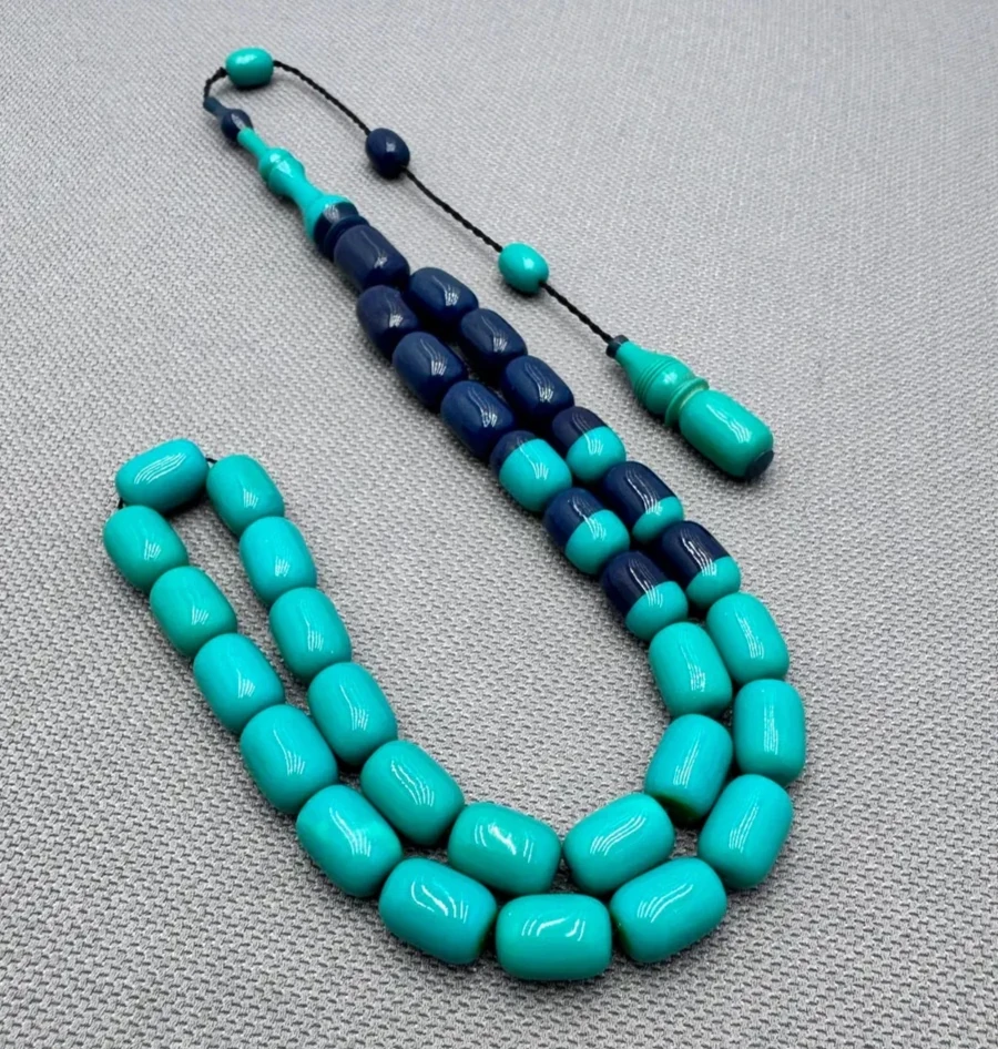 Usta İşçilikli Turkuaz Sıkma Çift Renk Kehribar Tespih