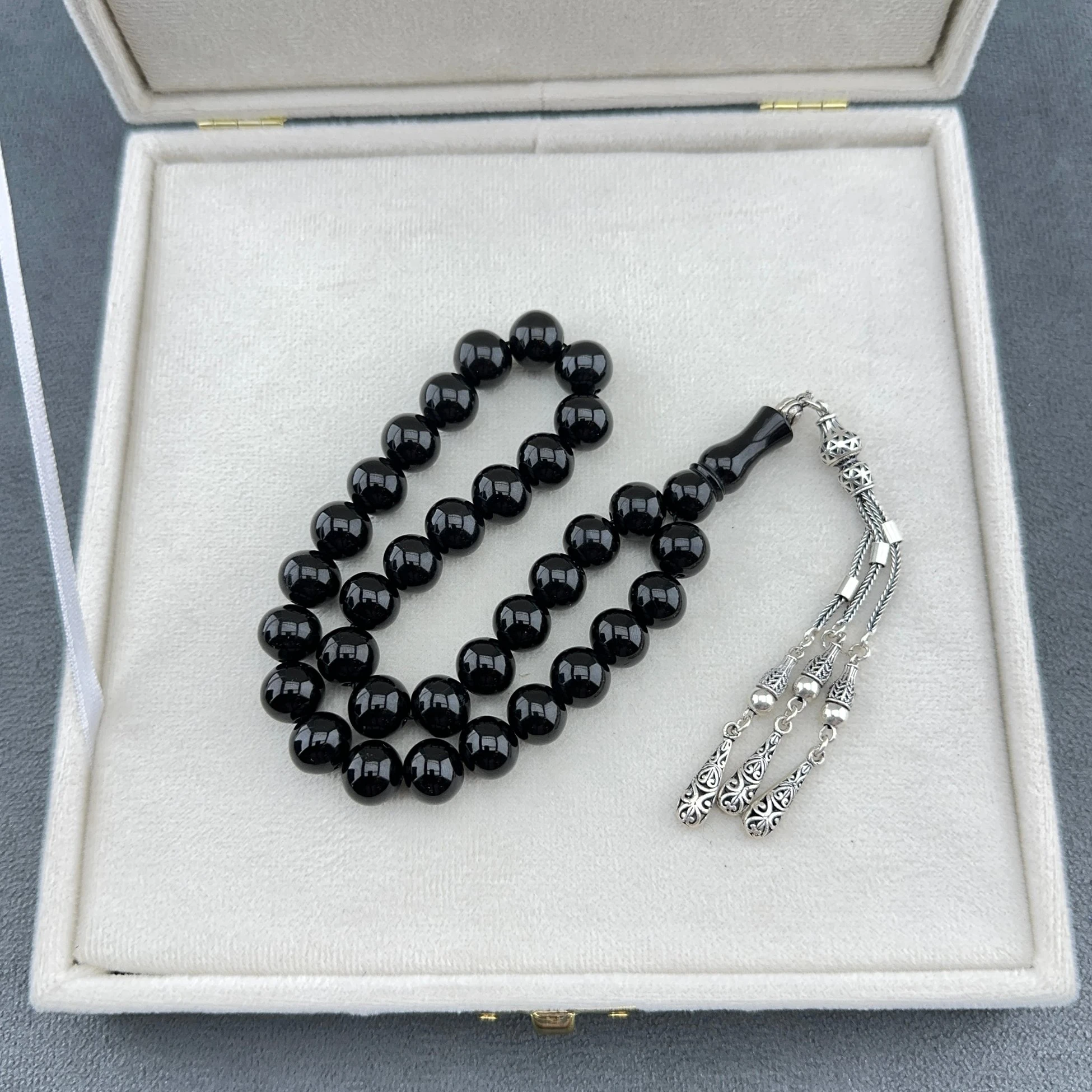 Has Süzme 925 Ayar Gümüş Püsküllü Küre Kesim Orjinal Koleksiyonluk Erzurum Oltu Taşı Tespih