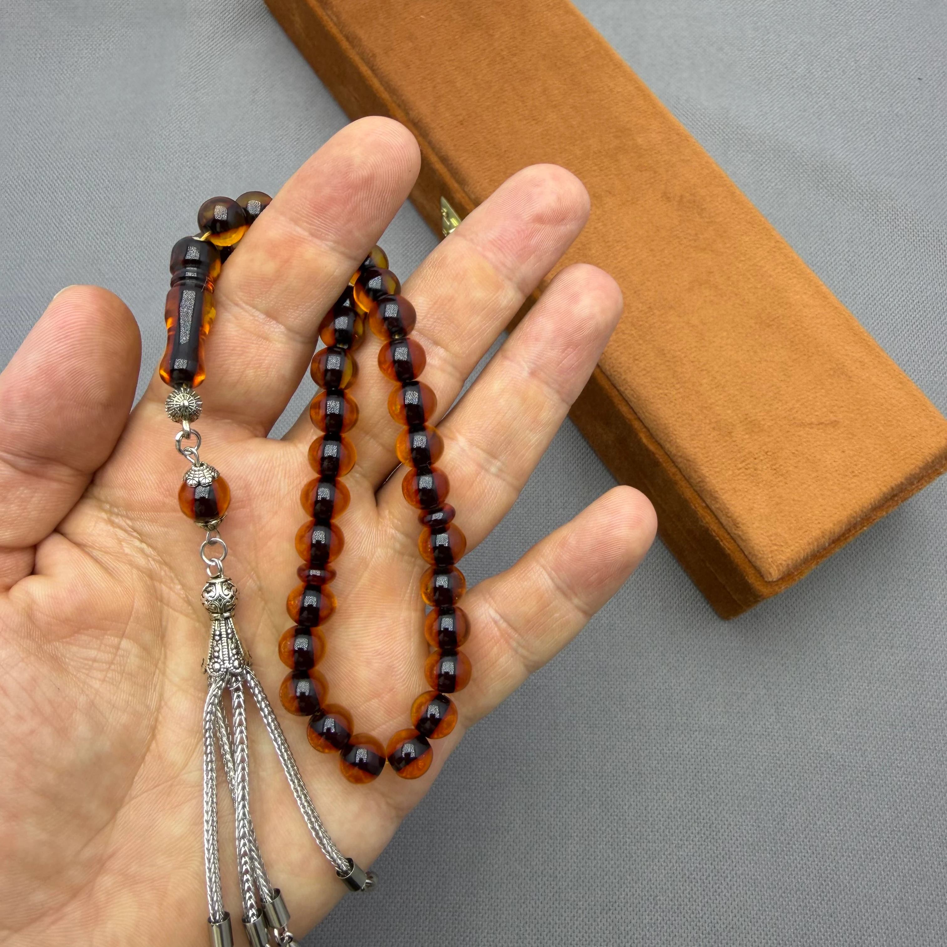 Osmanlı Ateş Benzetme Tekerlek Kesim Alpaka Püsküllü Karamel Kahve Ateş Kehribar Tespih 