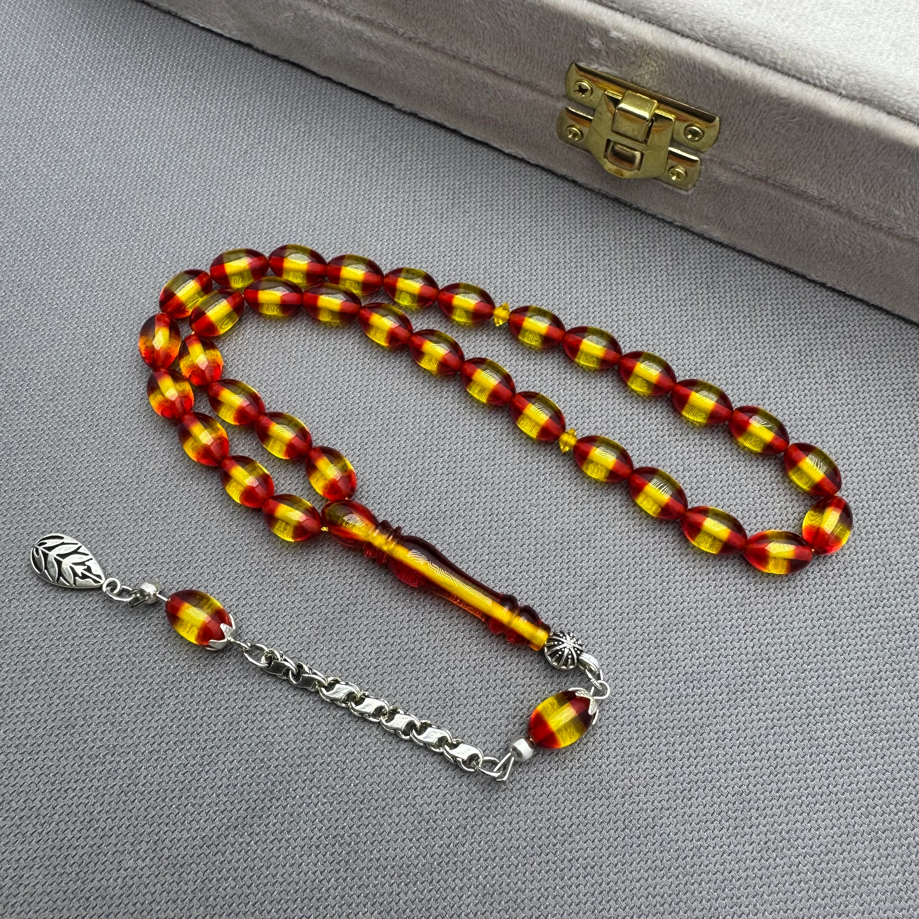 Alpaka Püsküllü Sarı Kırmızı Sürmeli Renk Süzmesi Sıkma Kehribar Tespih