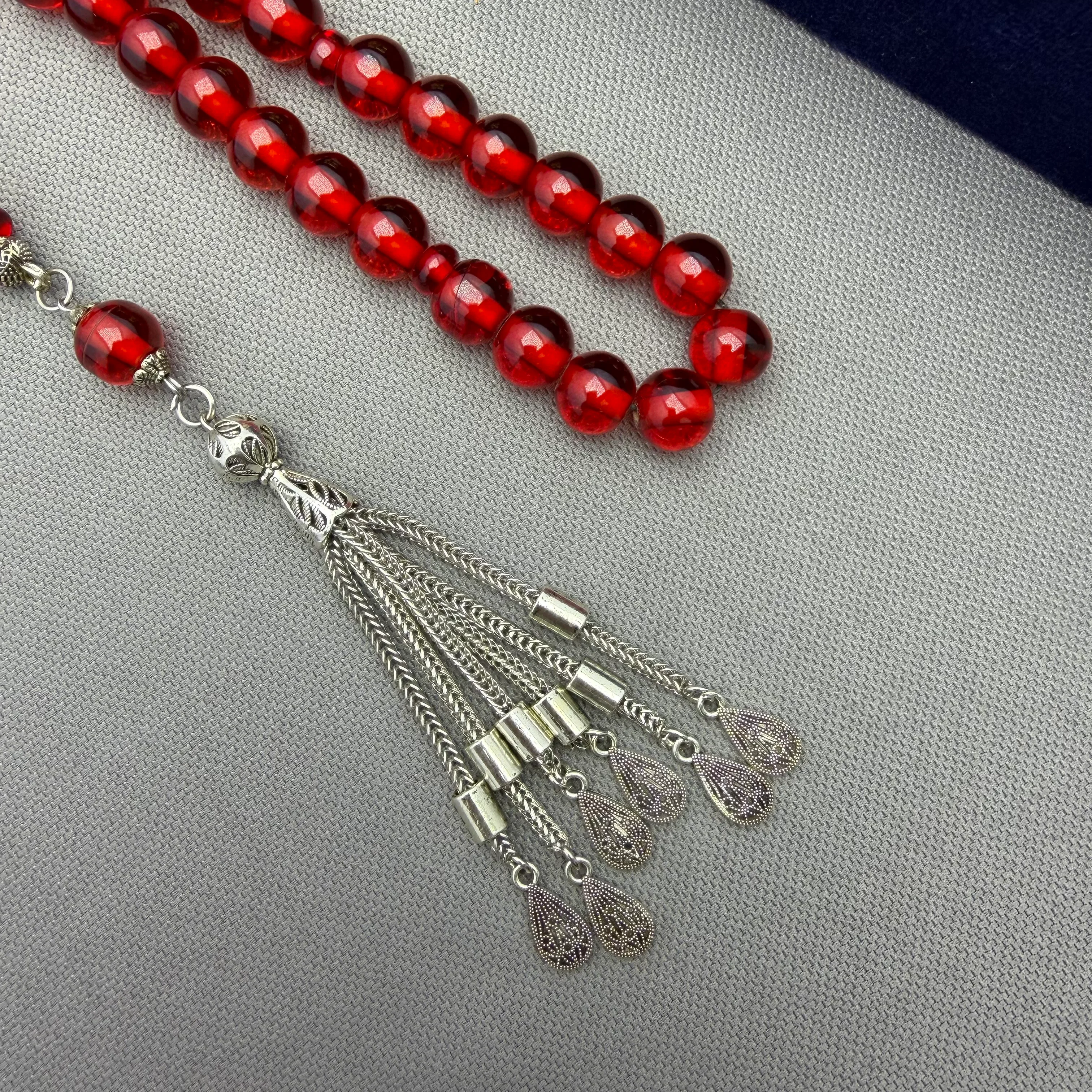 Alpaka Püsküllü Altı Sallantılı Küre Kesim Ateş Kırmızı Ateş Kehribar Tespih