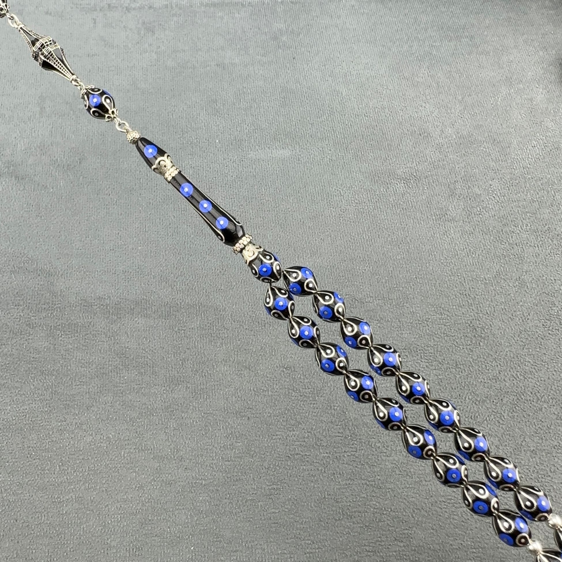 Türker KIZILELMA Usta İşçilikli Sax Mavi Firuze İşlemeli Orjinal Oltu Taşı Tespih