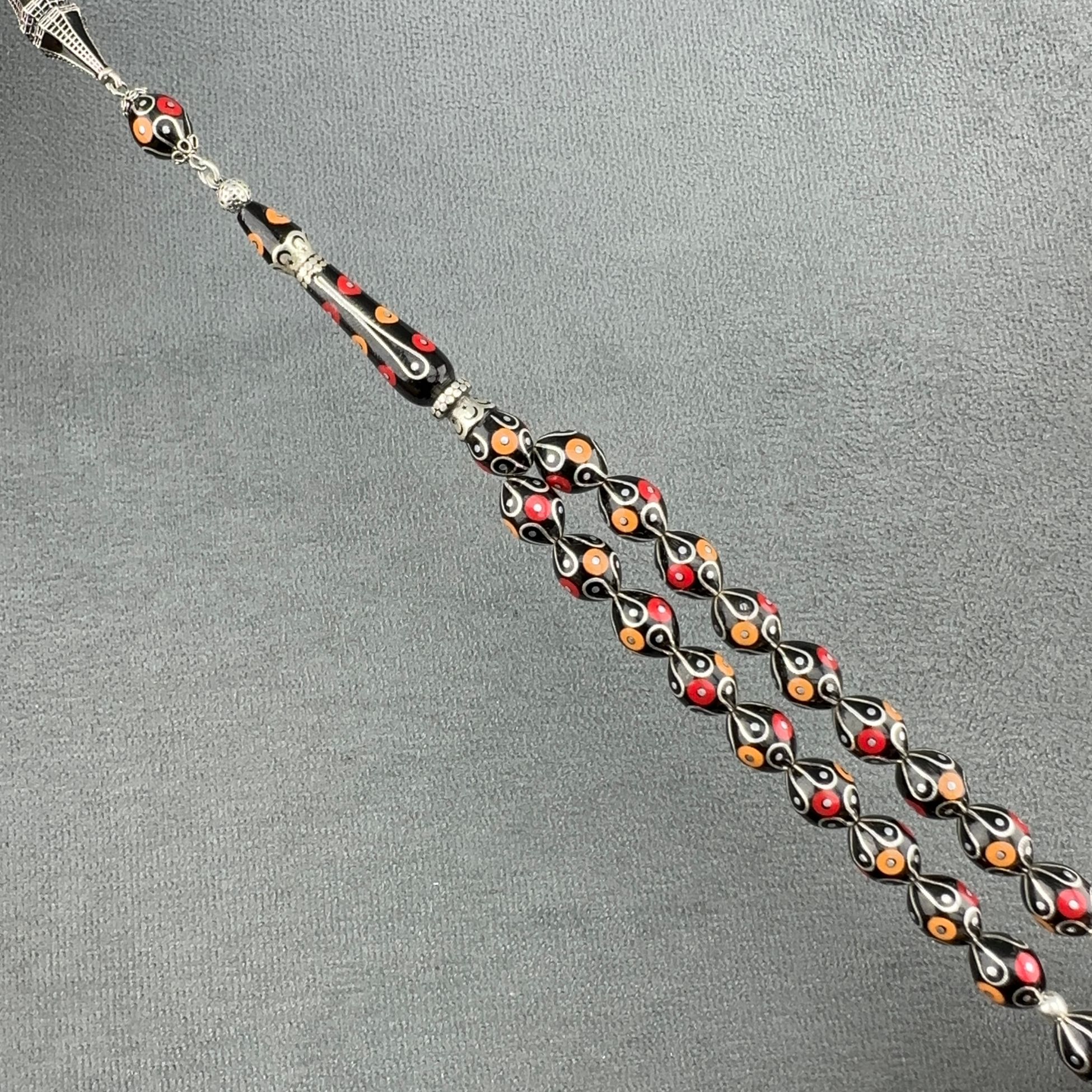 Özel Tasarım Nadir Malzeme Mercan ve Gümüş İşlemeli Orjinal Oltu Taşı Tespih