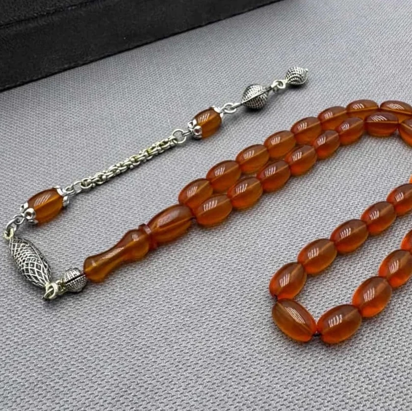 Alpaka Püsküllü Buğulu Hamur Turuncu Ateş Kehribar Tespih