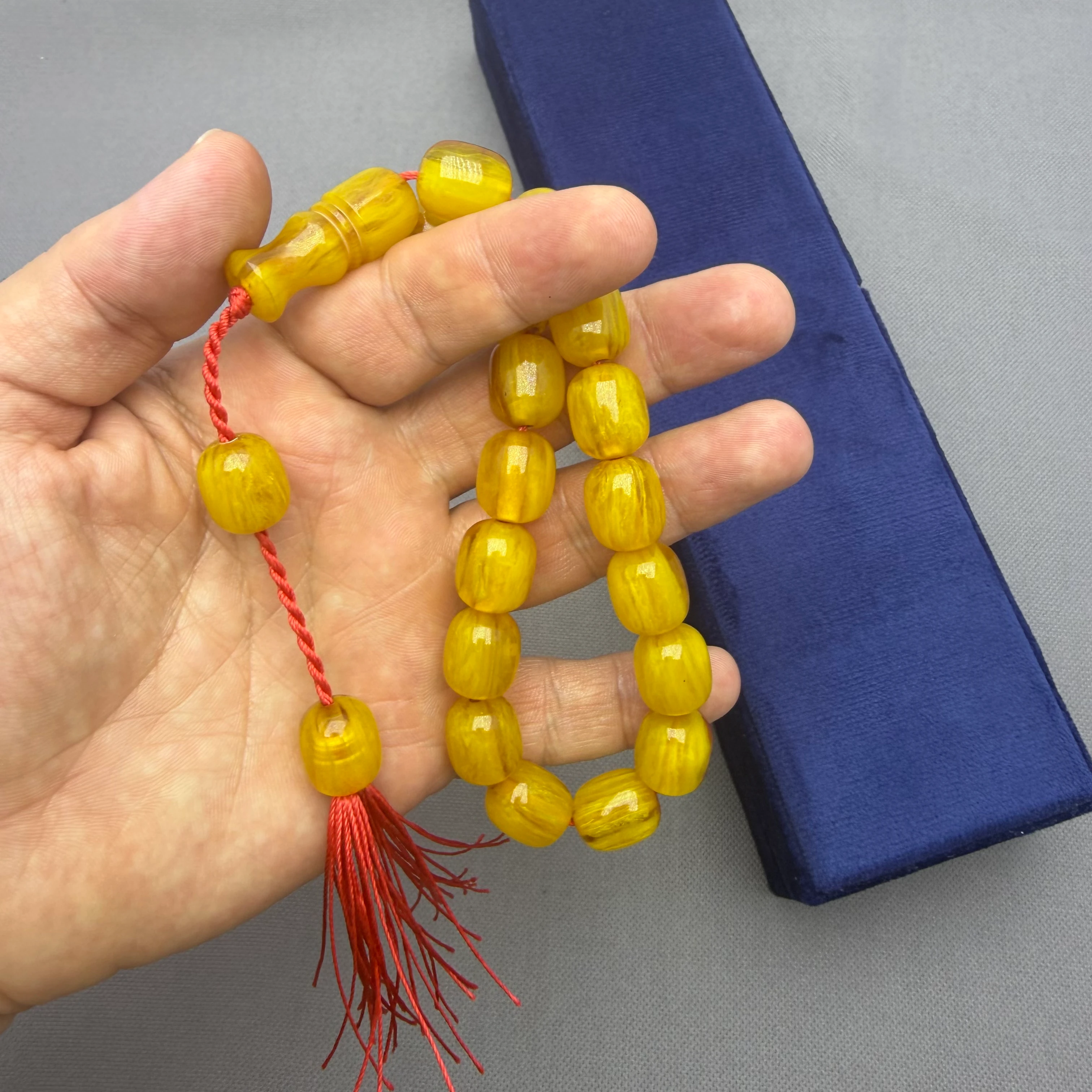 Usta İşçilikli Sistem Püsküllü Sarı Dik Damar Hareli Alman Sıkma Kehribar Tespih