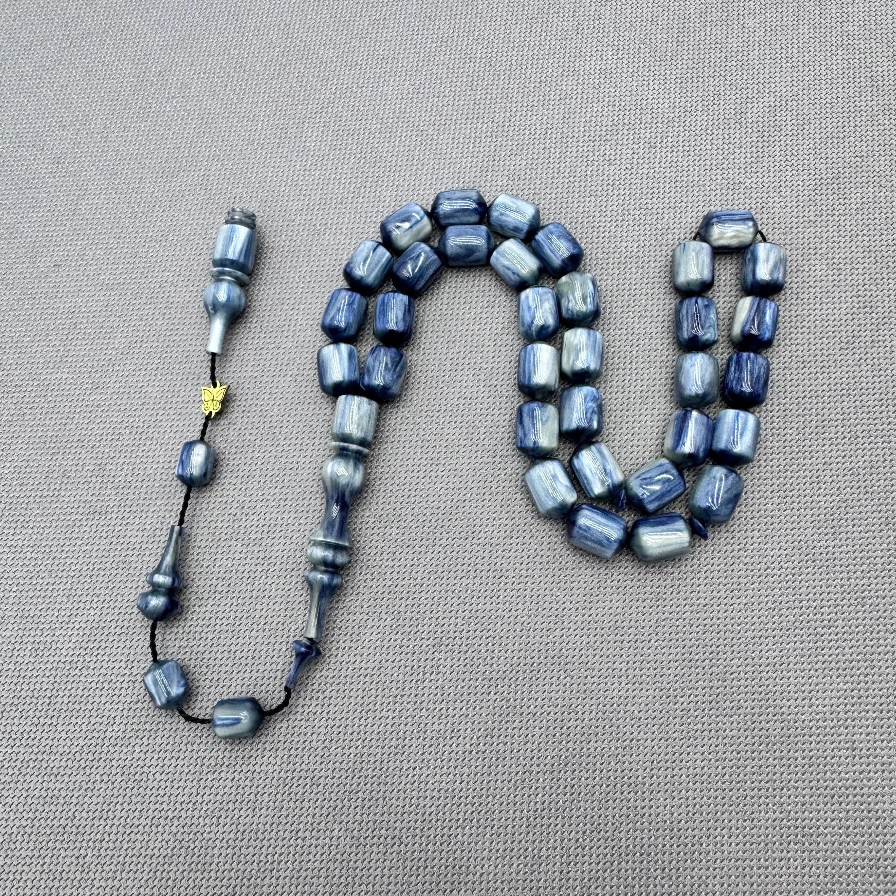 Emine REŞVANİ Usta İşçilikli Yoğun Hareli Simli  Mavi Sıkma Kehribar Tespih