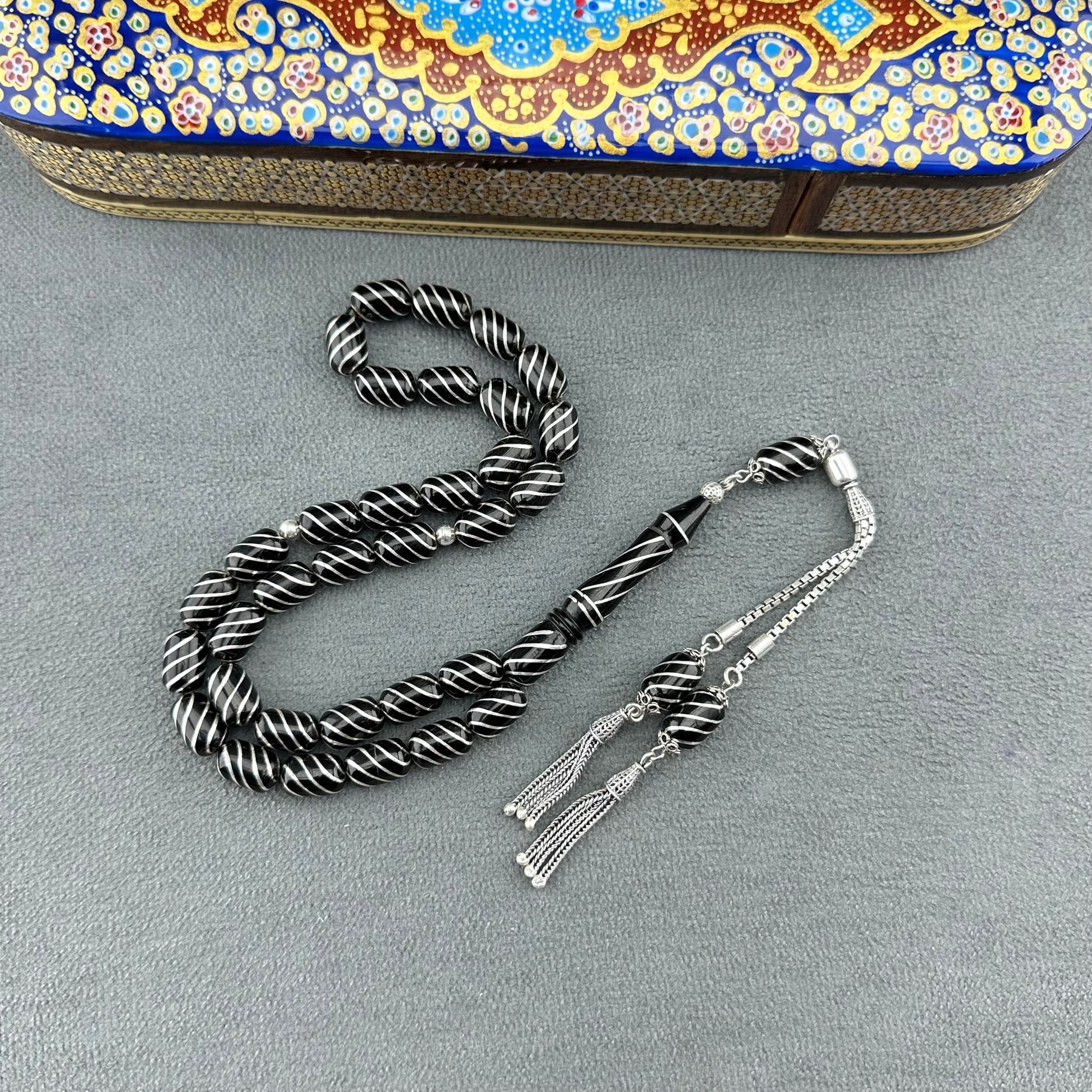 Türker KIZILELMA Usta İşçilikli 925 Ayar Gümüş İşlemeli Gümüş Sarma Orjinal Oltu Taşı Tespih