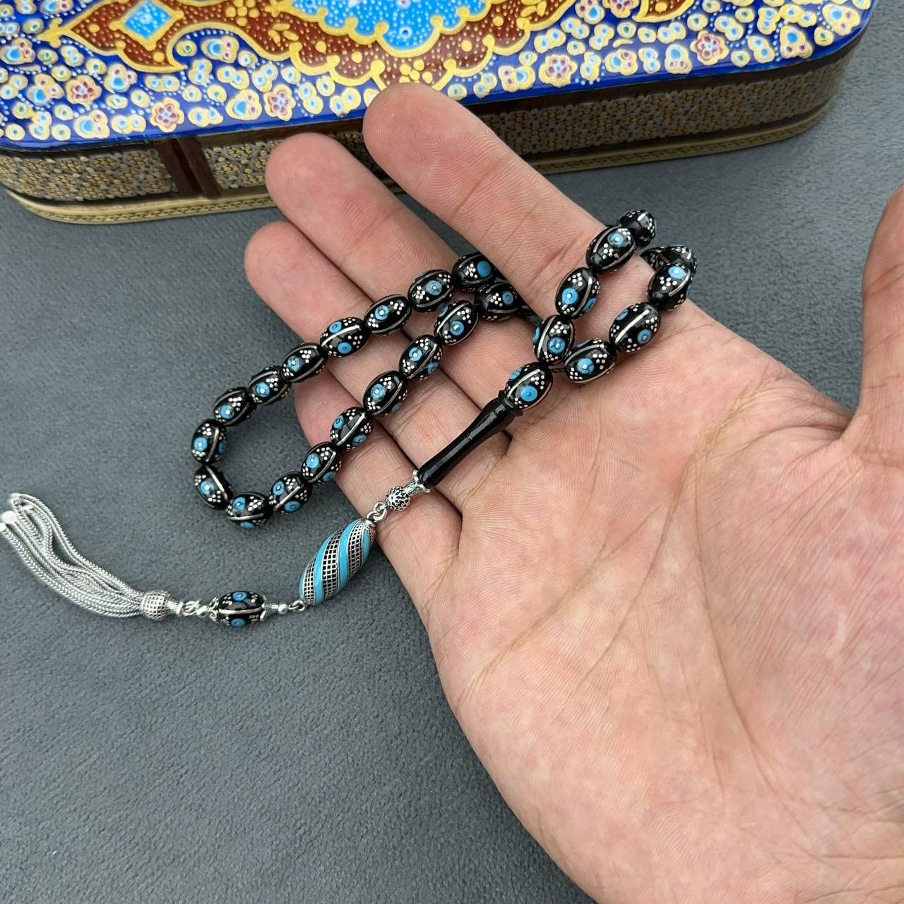 Türker KIZILELMA Usta İşçilikli 925 Ayar Gümüş Püsküllü Firuze İşlemeli Orjinal Oltu Taşı Tesbih