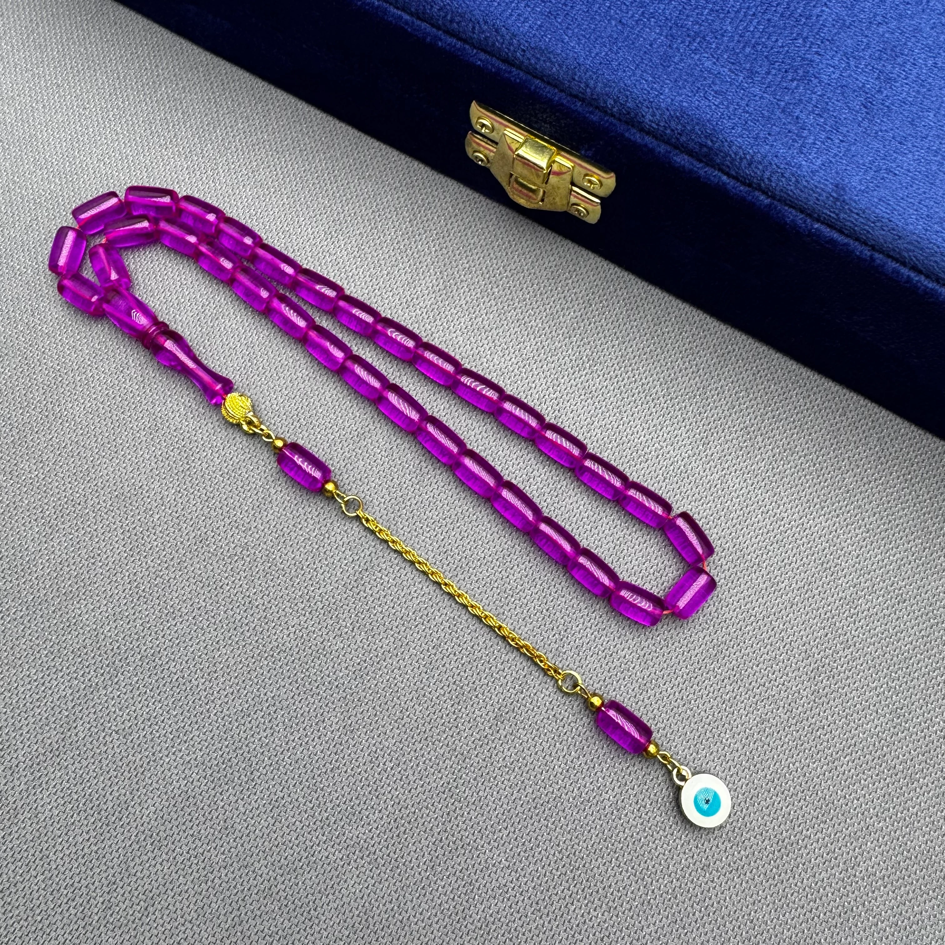 Nazar Boncuğu Detaylı Pirinç Püsküllü Bilek Boy Kapsül Kesim Mor Renk Uçak Camı Tespih