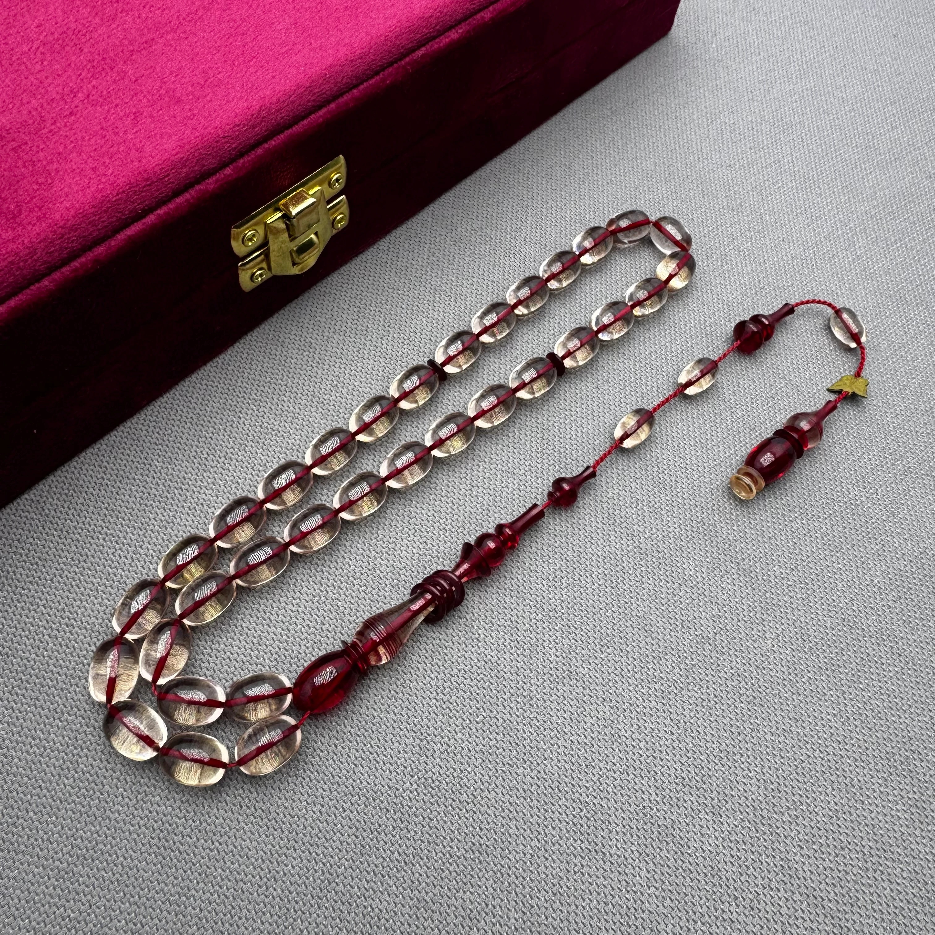 Emine REŞVANİ Usta İşçilikli Şeffaf İp Yolları Kırmızı Halkalı İmame Özel Tasarım Ateş Kehribar Tespih