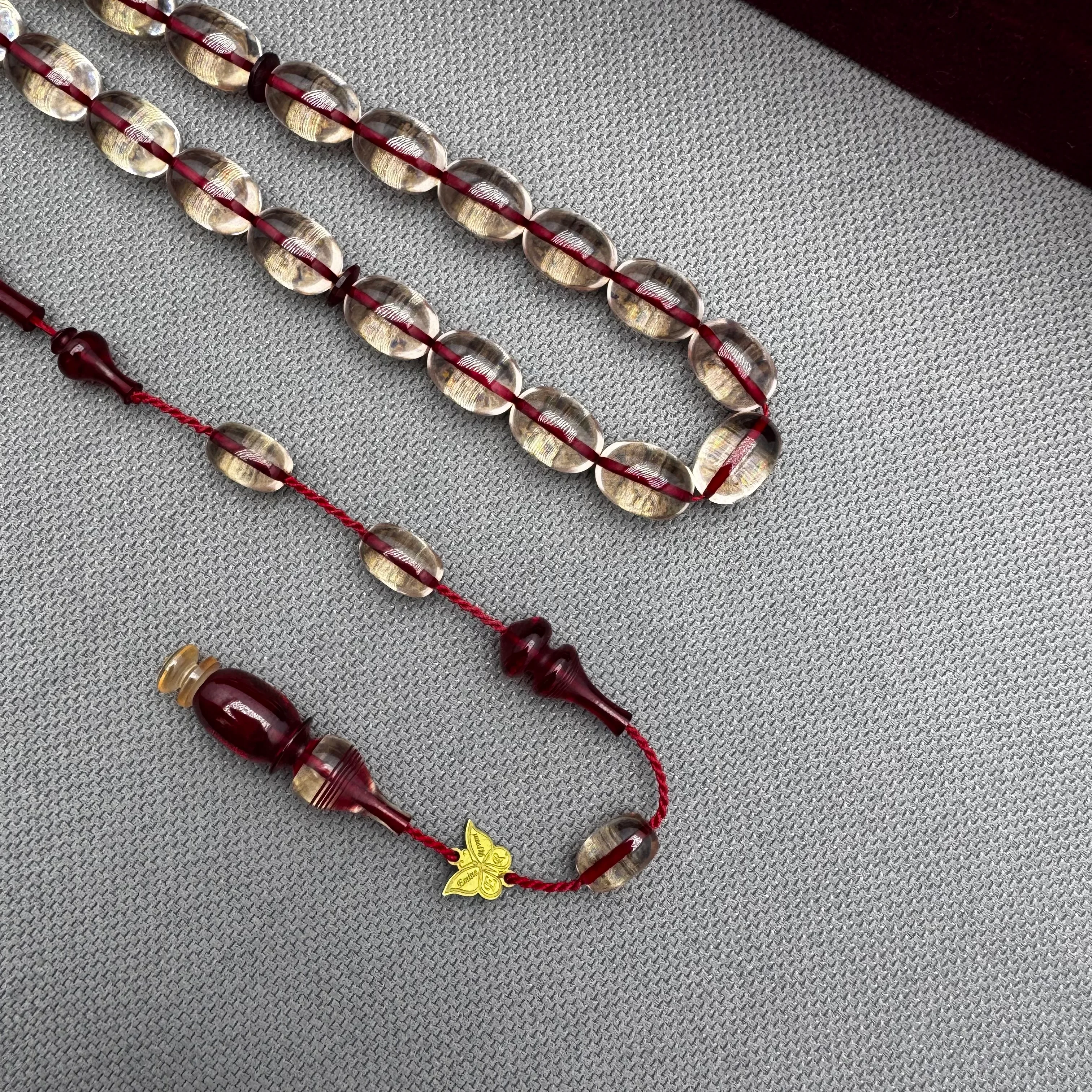 Emine REŞVANİ Usta İşçilikli Şeffaf İp Yolları Kırmızı Halkalı İmame Özel Tasarım Ateş Kehribar Tespih