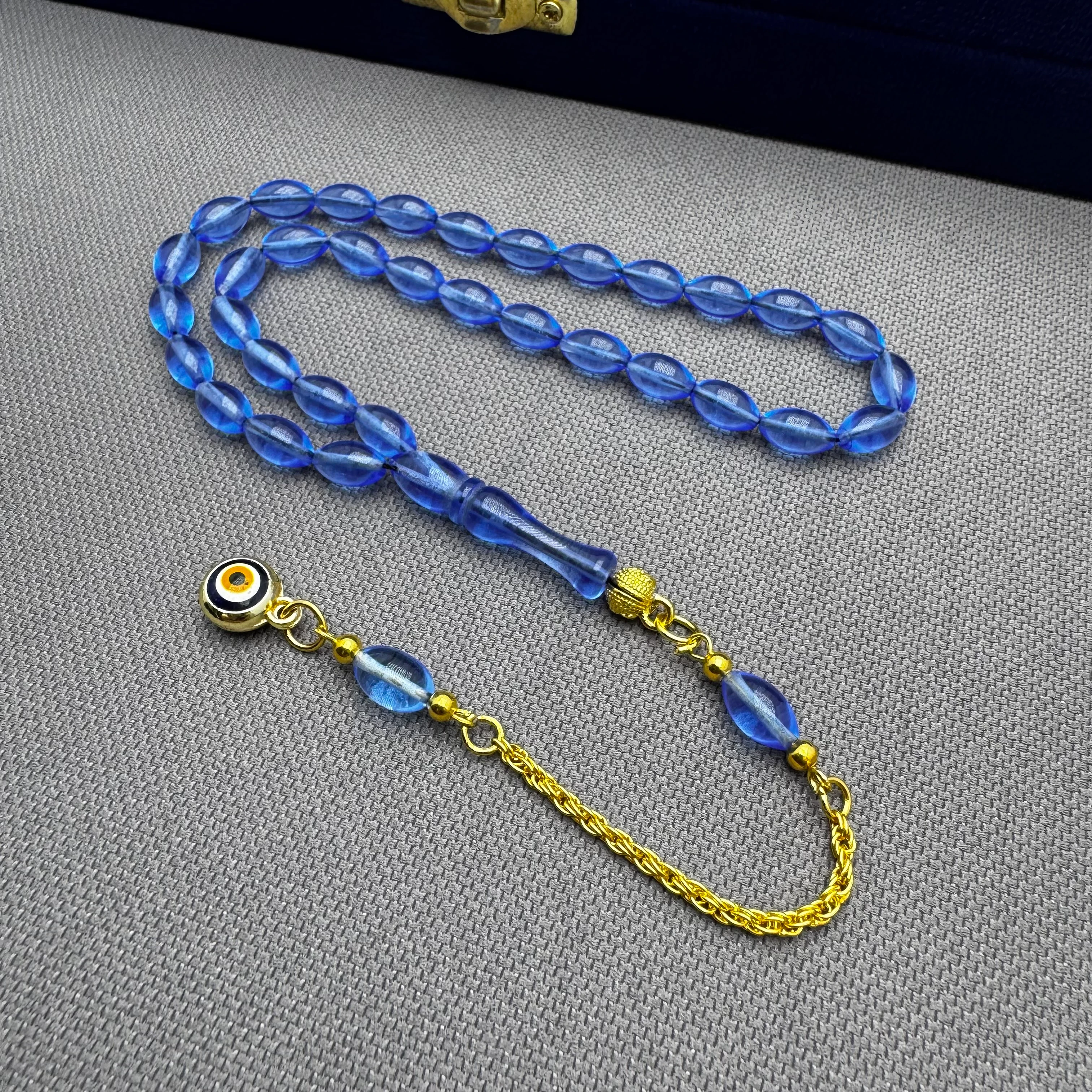 Nazar Boncuğu Detaylı Pirinç Püsküllü Bilek Boy Mavi Uçak Camı Tespih