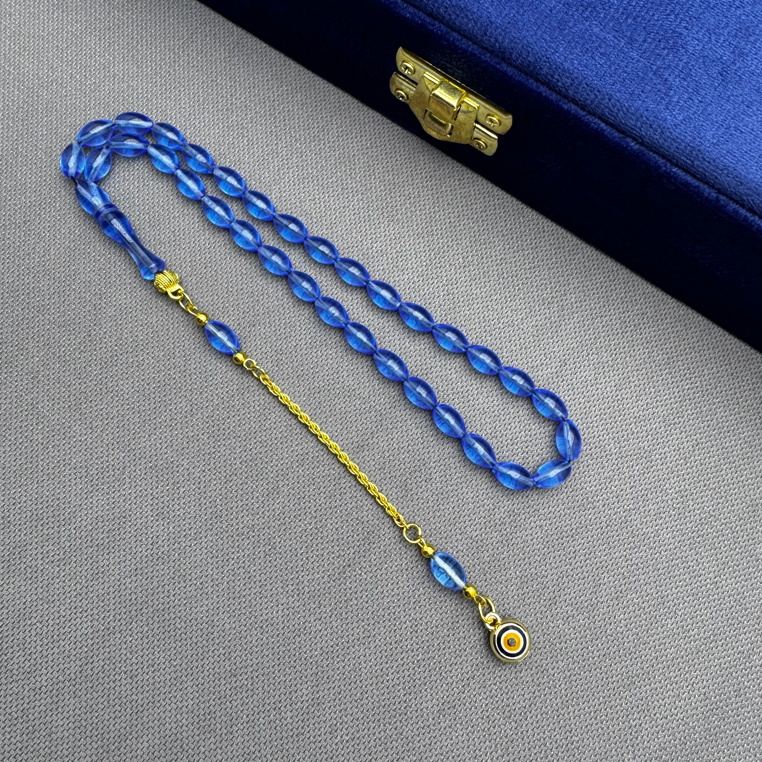 Nazar Boncuğu Detaylı Pirinç Püsküllü Bilek Boy Mavi Uçak Camı Tespih