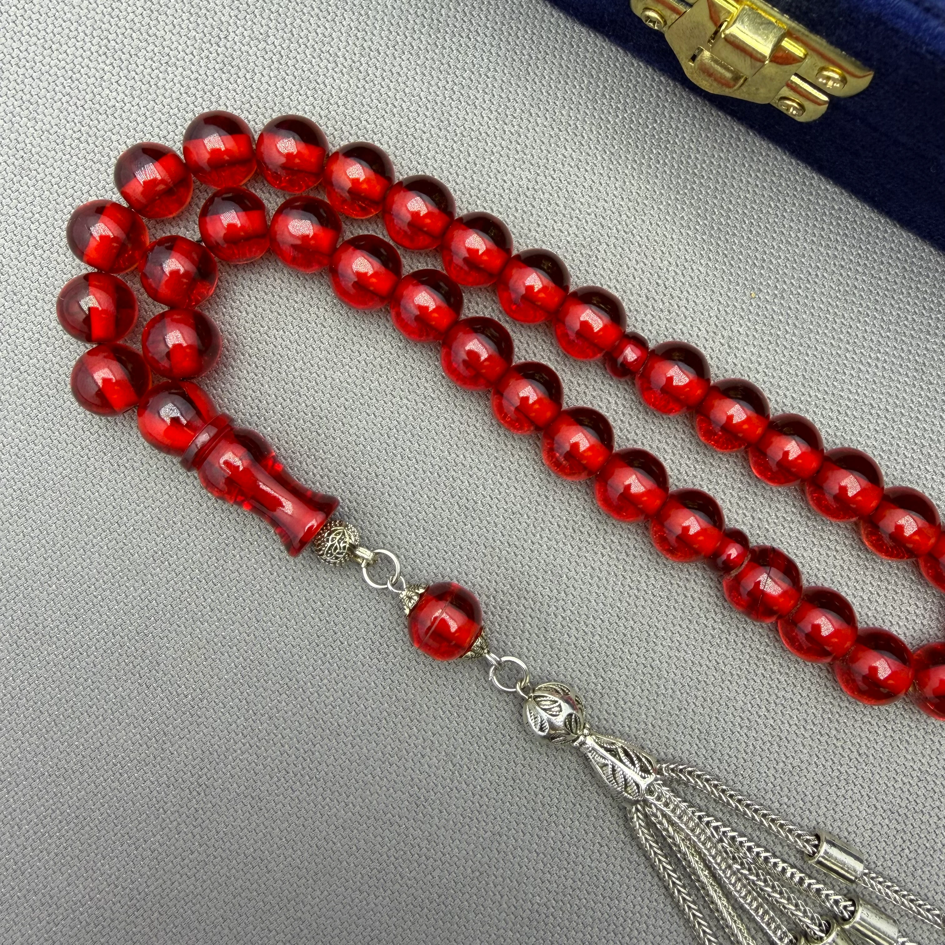 Alpaka Püsküllü Altı Sallantılı Küre Kesim Ateş Kırmızı Ateş Kehribar Tespih