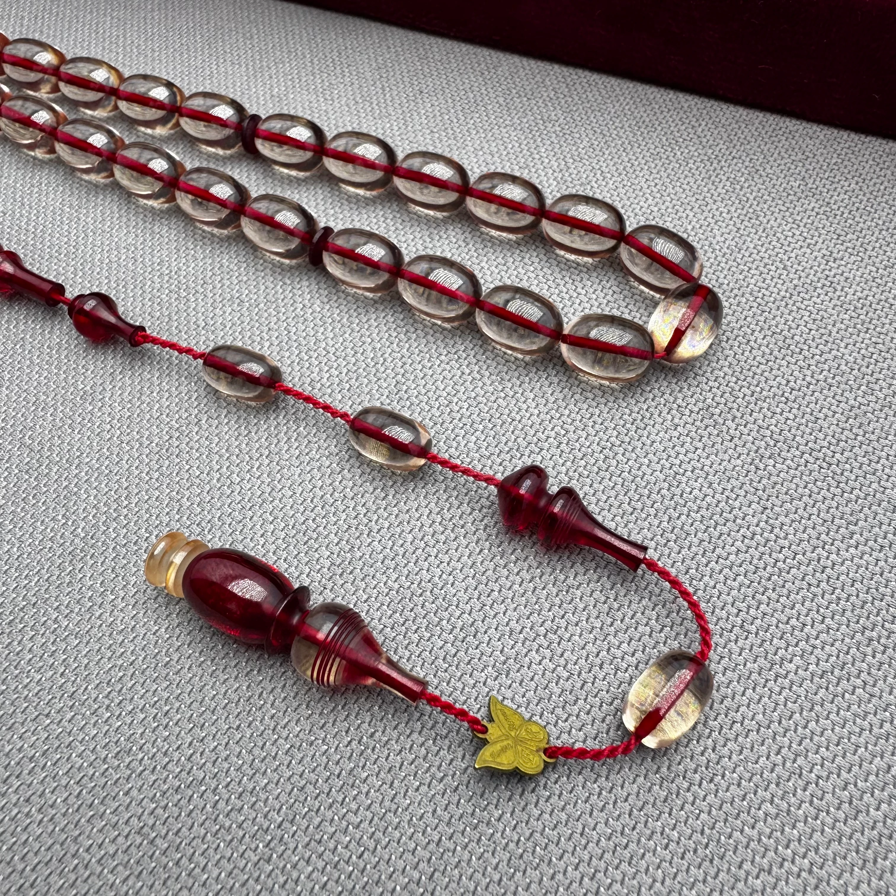 Emine REŞVANİ Usta İşçilikli Şeffaf İp Yolları Kırmızı Halkalı İmame Özel Tasarım Ateş Kehribar Tespih