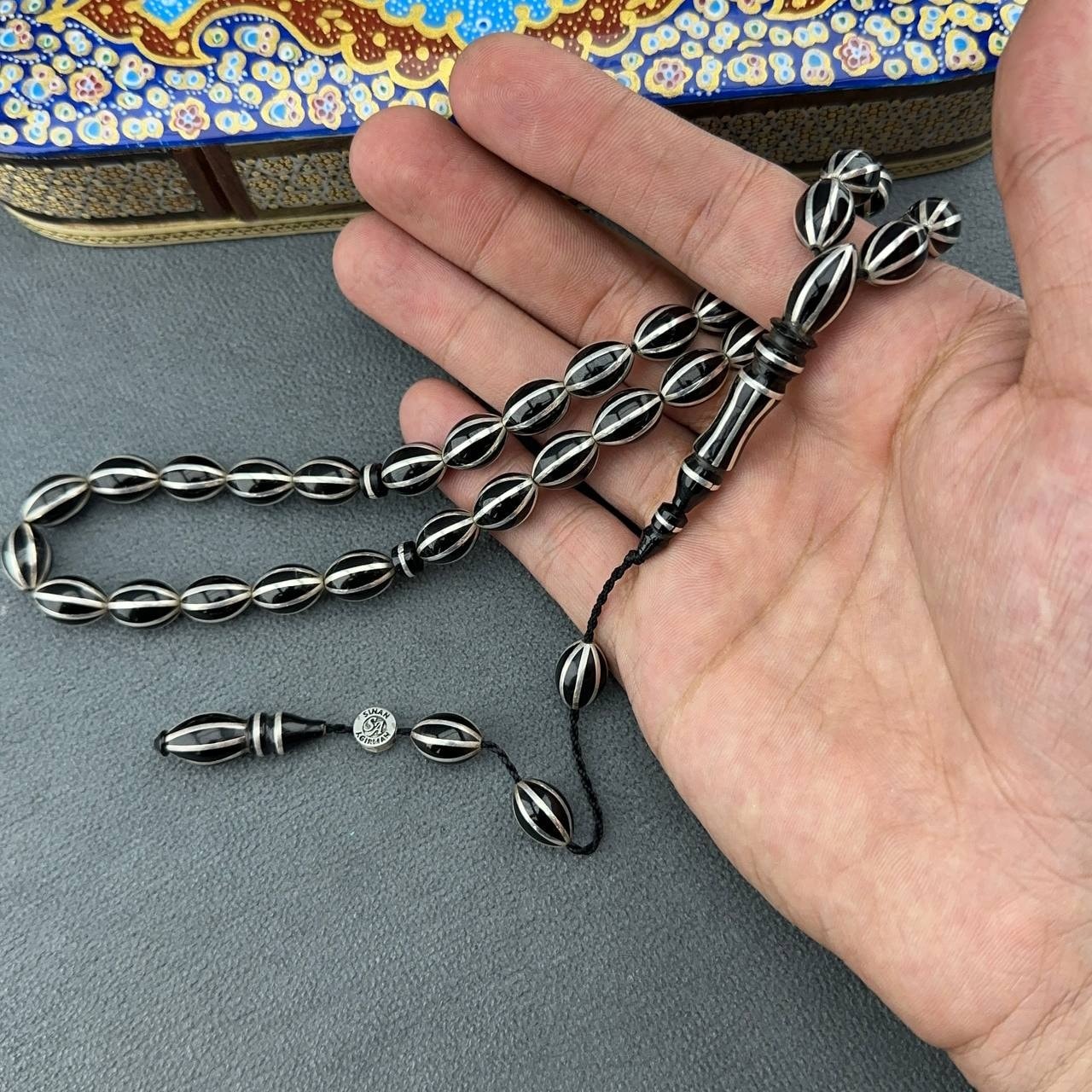 Yıldırım ACAR Usta İşçilikli Kalın Gümüş Mikron Çakımlı Orjinal Oltu Taşı Tespih