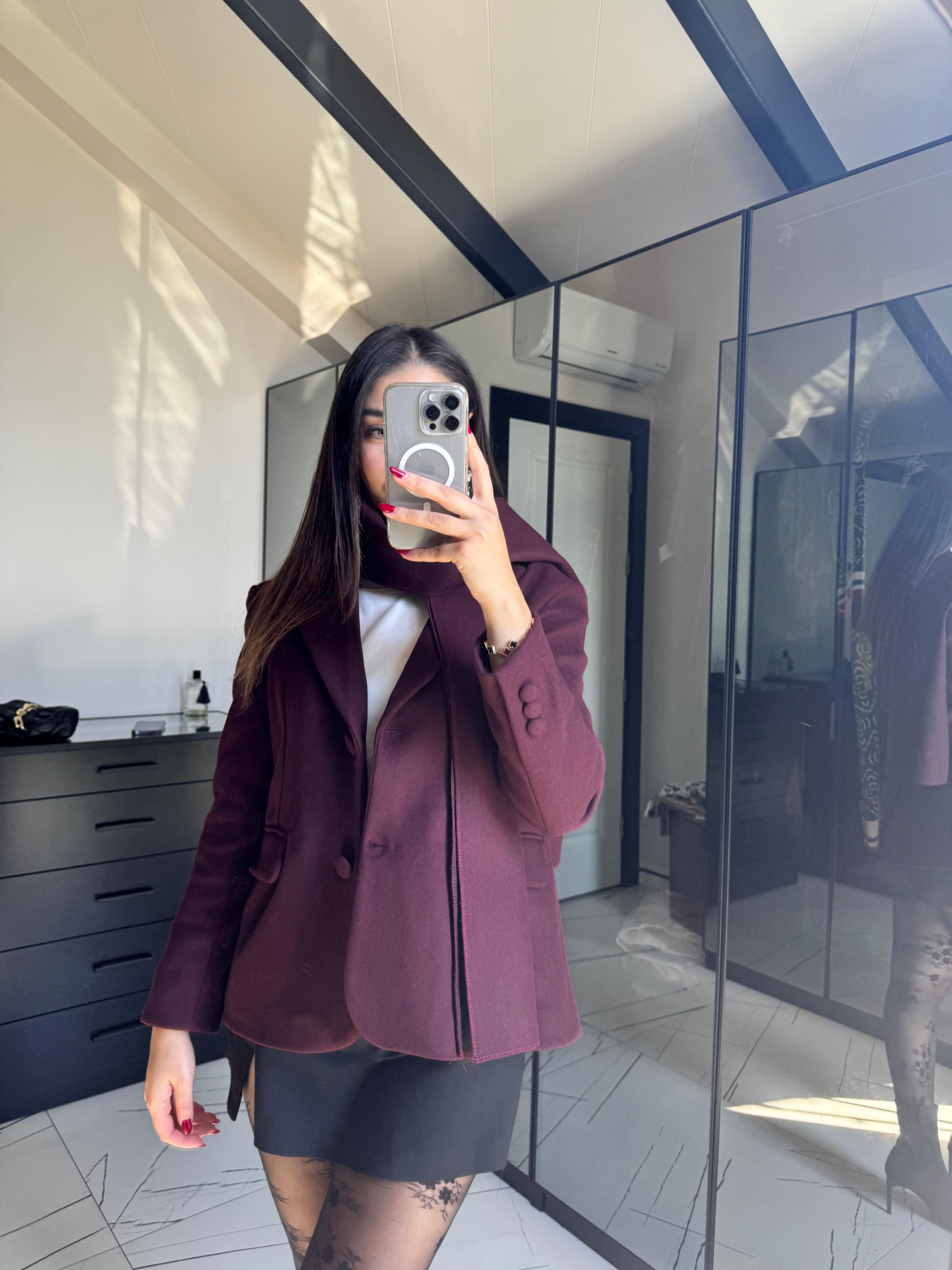 Şal Detaylı Bordo Blazer 