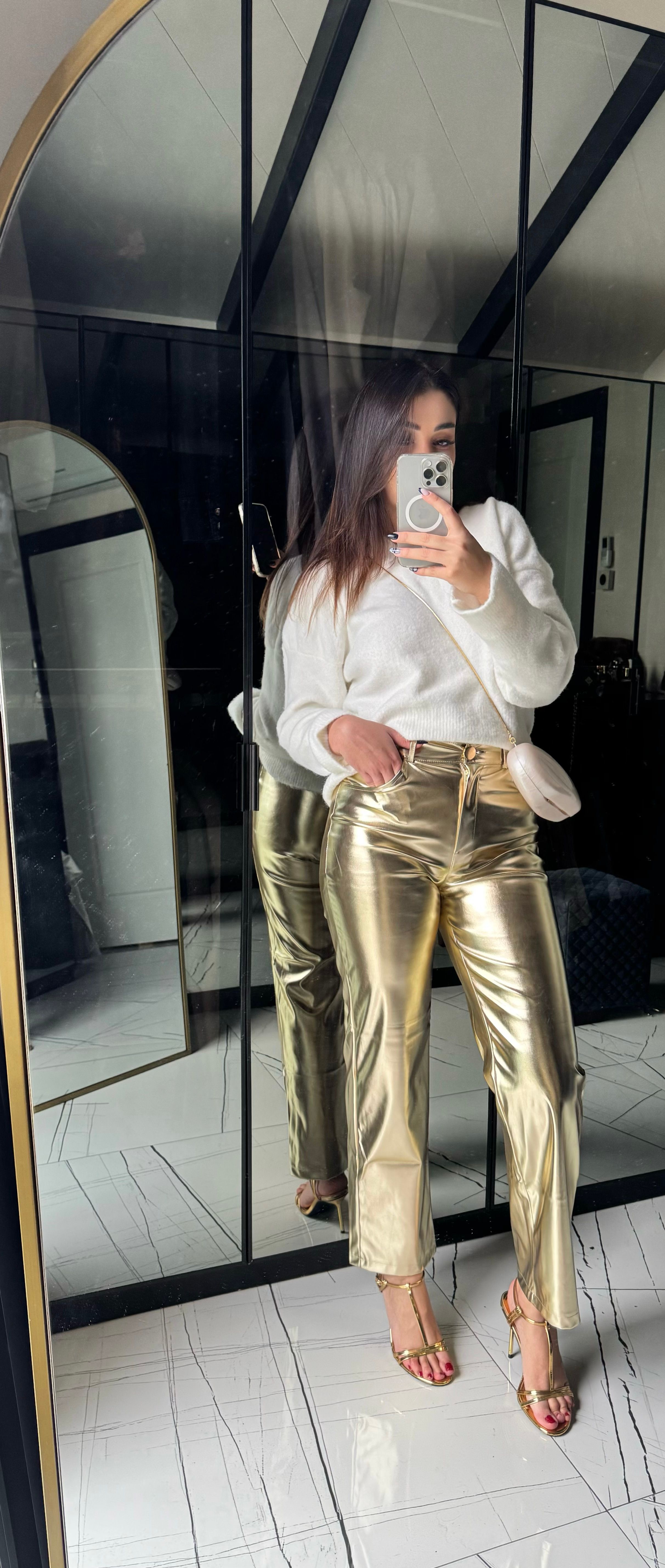 Gold Metalik Wide-Leg Pantolon