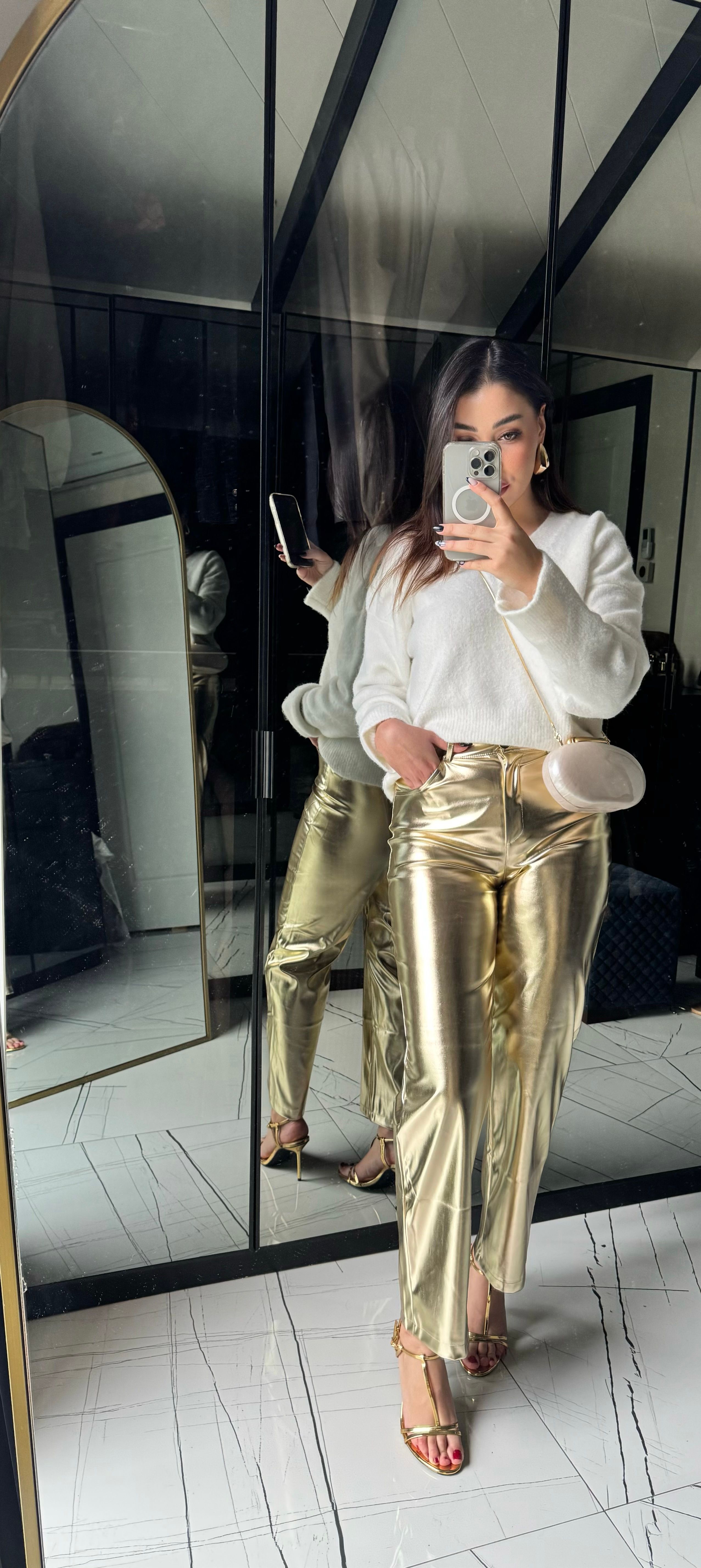 Gold Metalik Wide-Leg Pantolon