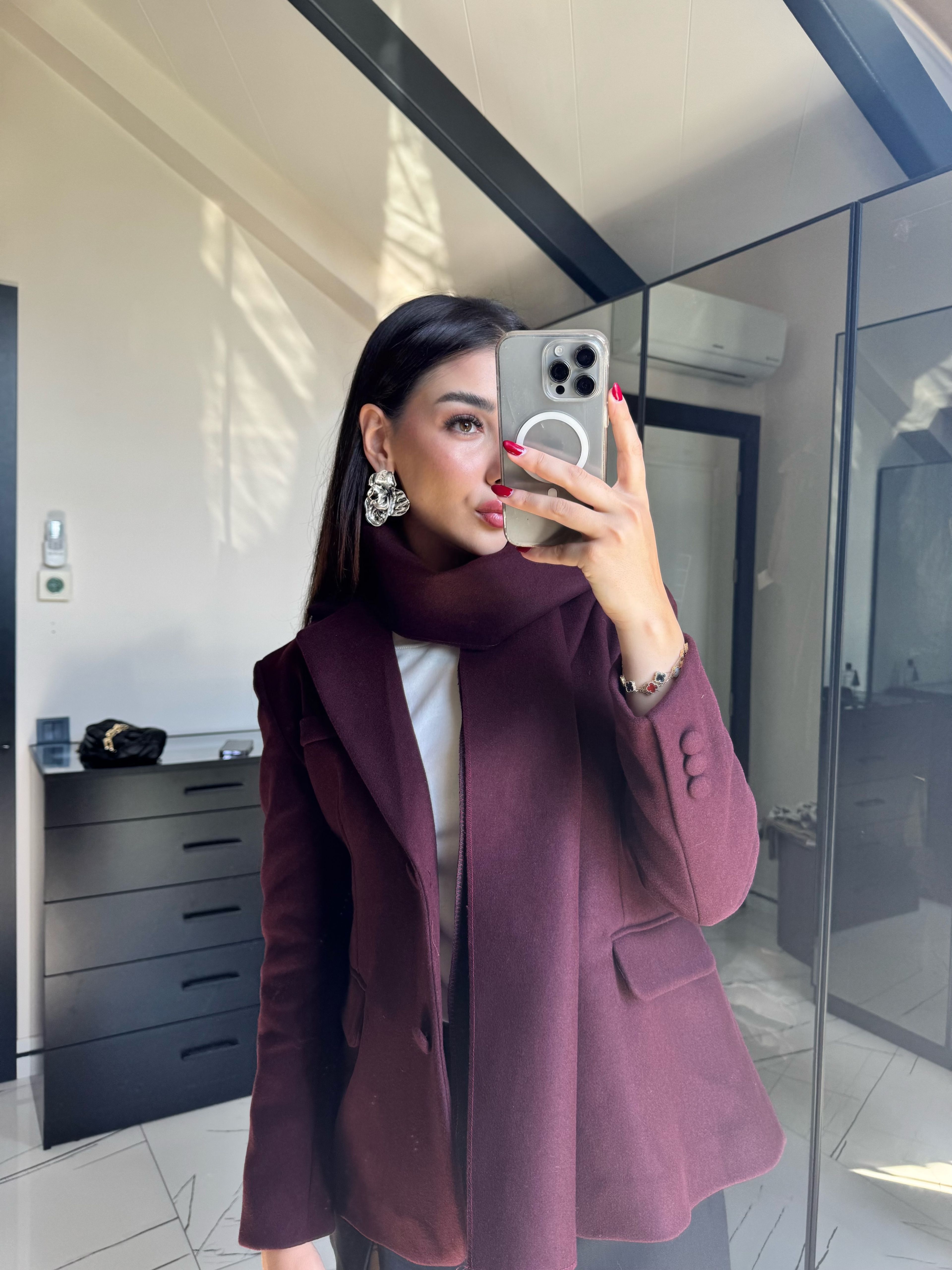 Şal Detaylı Bordo Blazer 