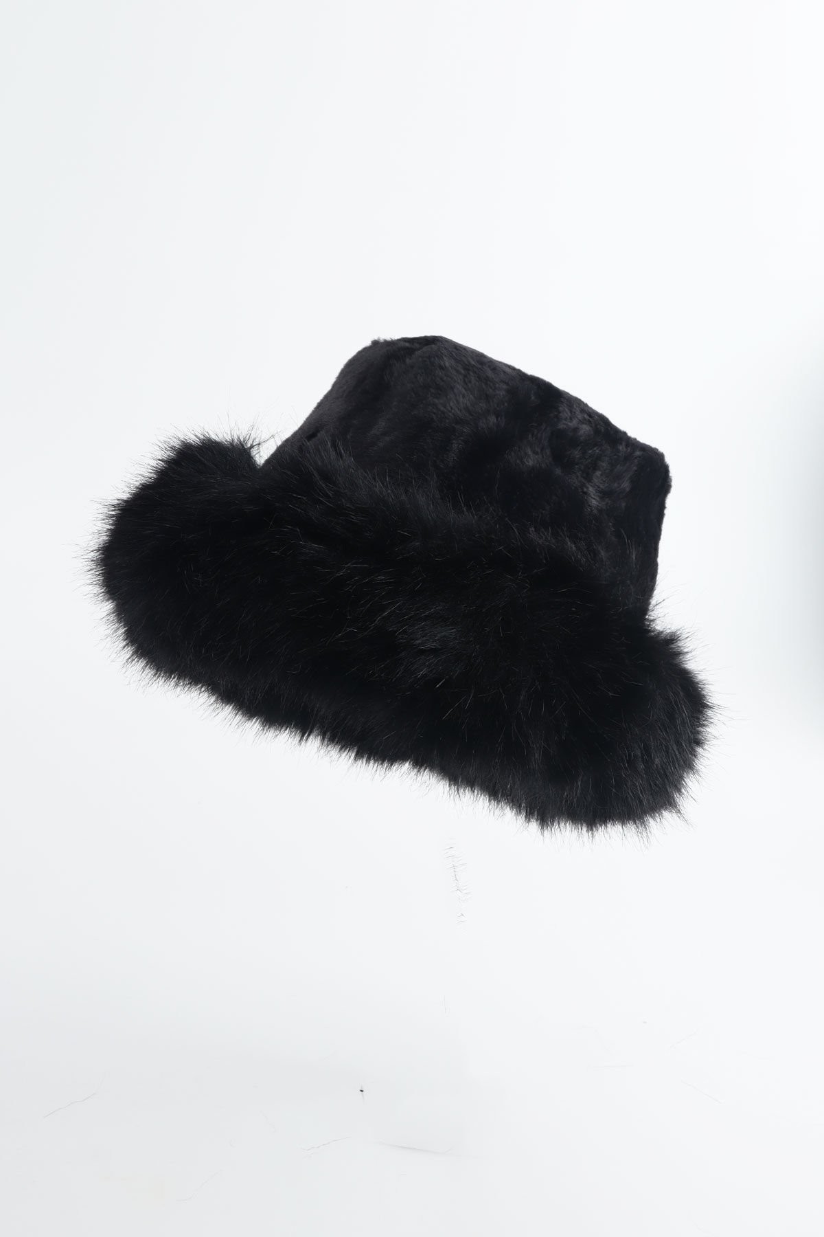 Siyah Kürk Yuvarlak Şapka Peluş Bucket Şapka