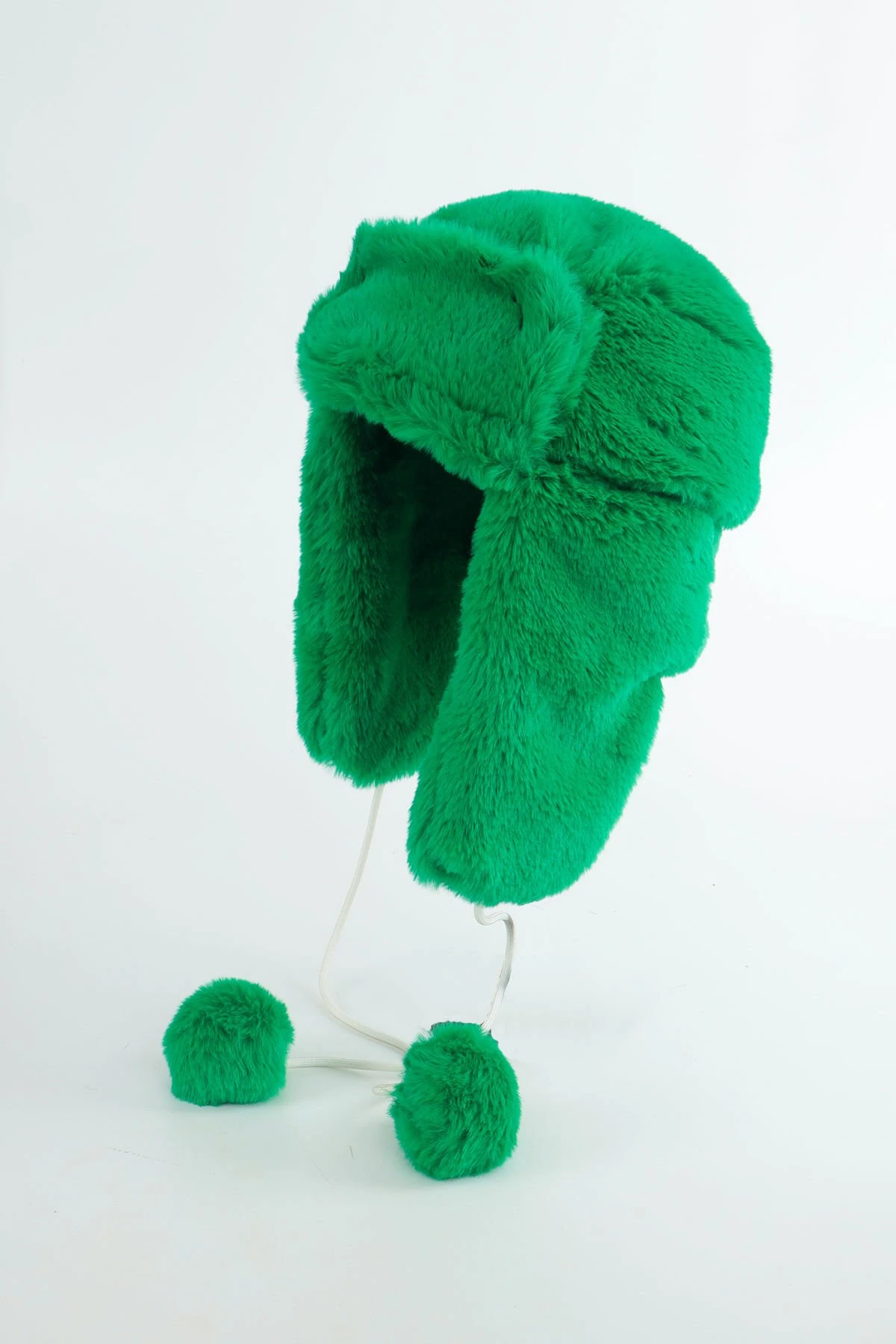 Suni Kürk Yeşil Peluş Şapka - Kulaklı Pliot Şapka