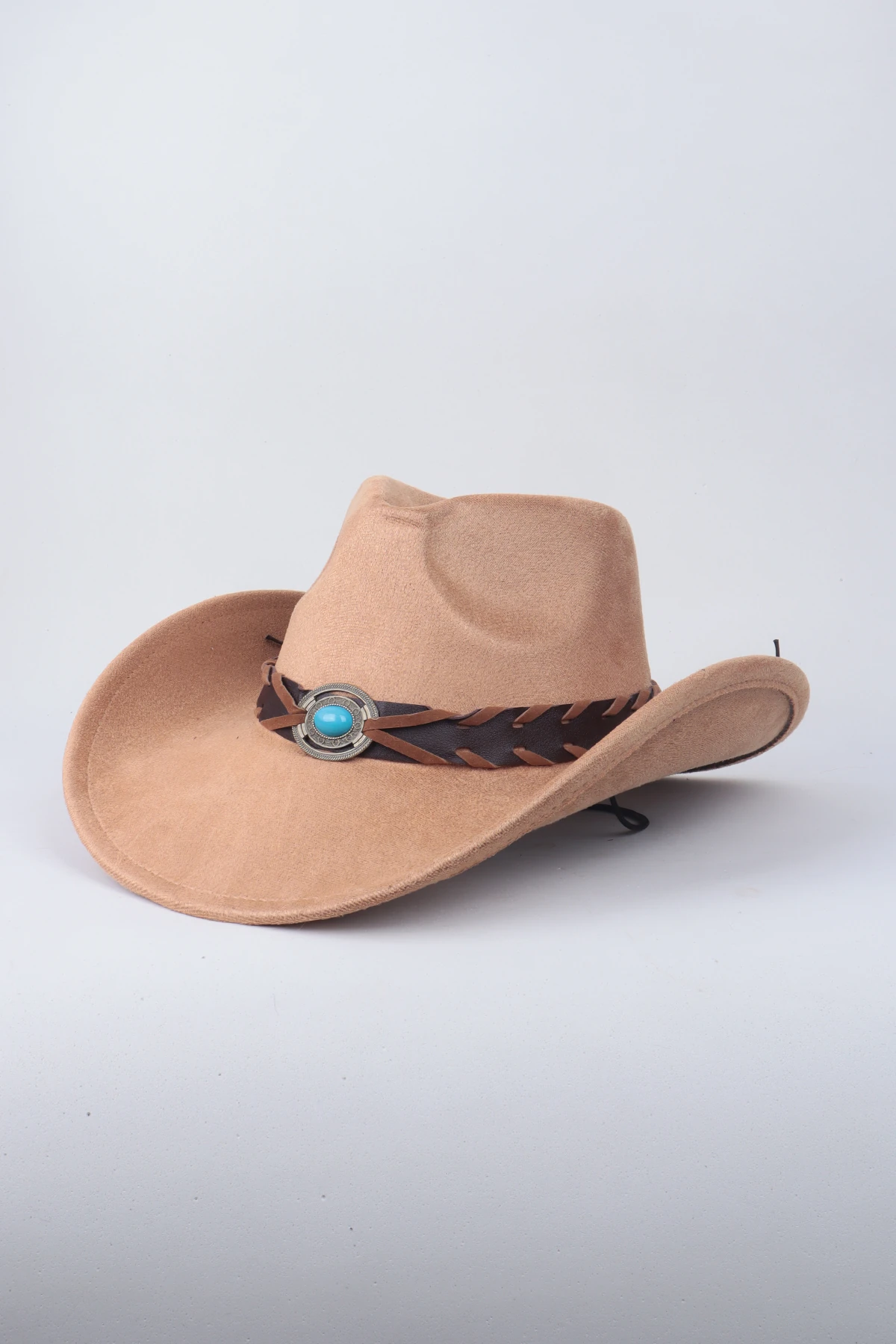 Kovboy Deri Kemer Detaylı Taş Figürlü Fötr Şapka - Camel