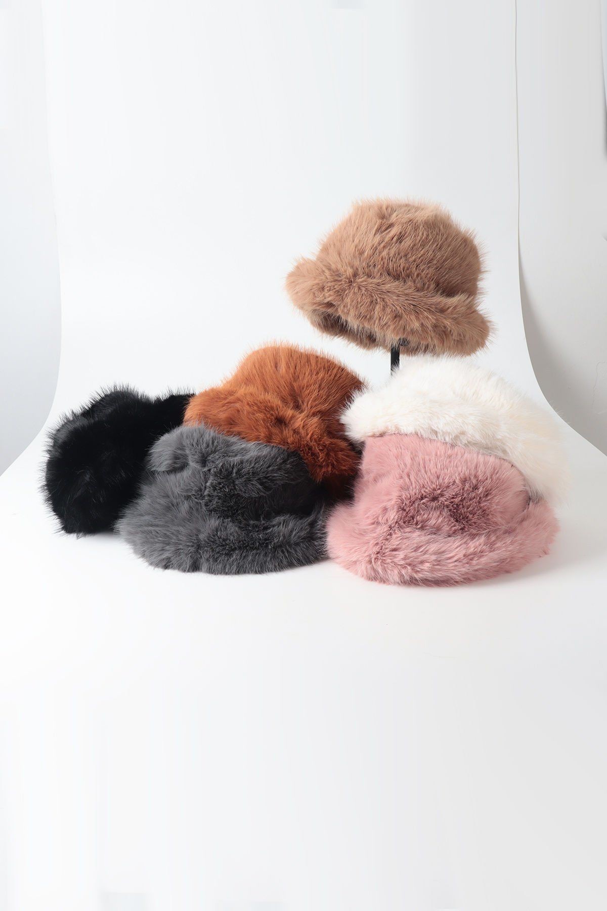 Kahve Kürk Yuvarlak Şapka Peluş Bucket Şapka