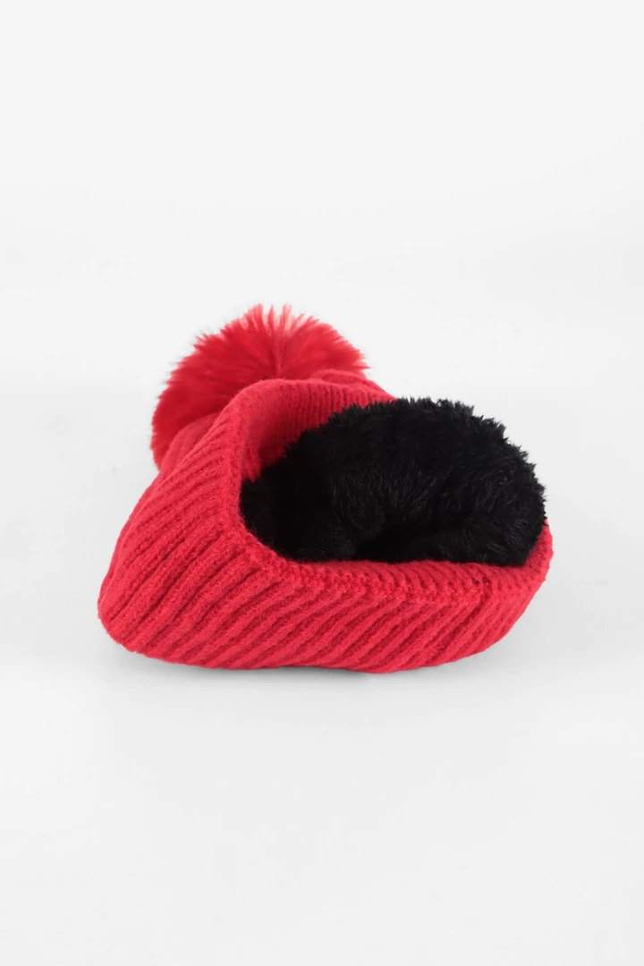 Ponponlu Örgü Bere İçi Polarlı - Kırmızı