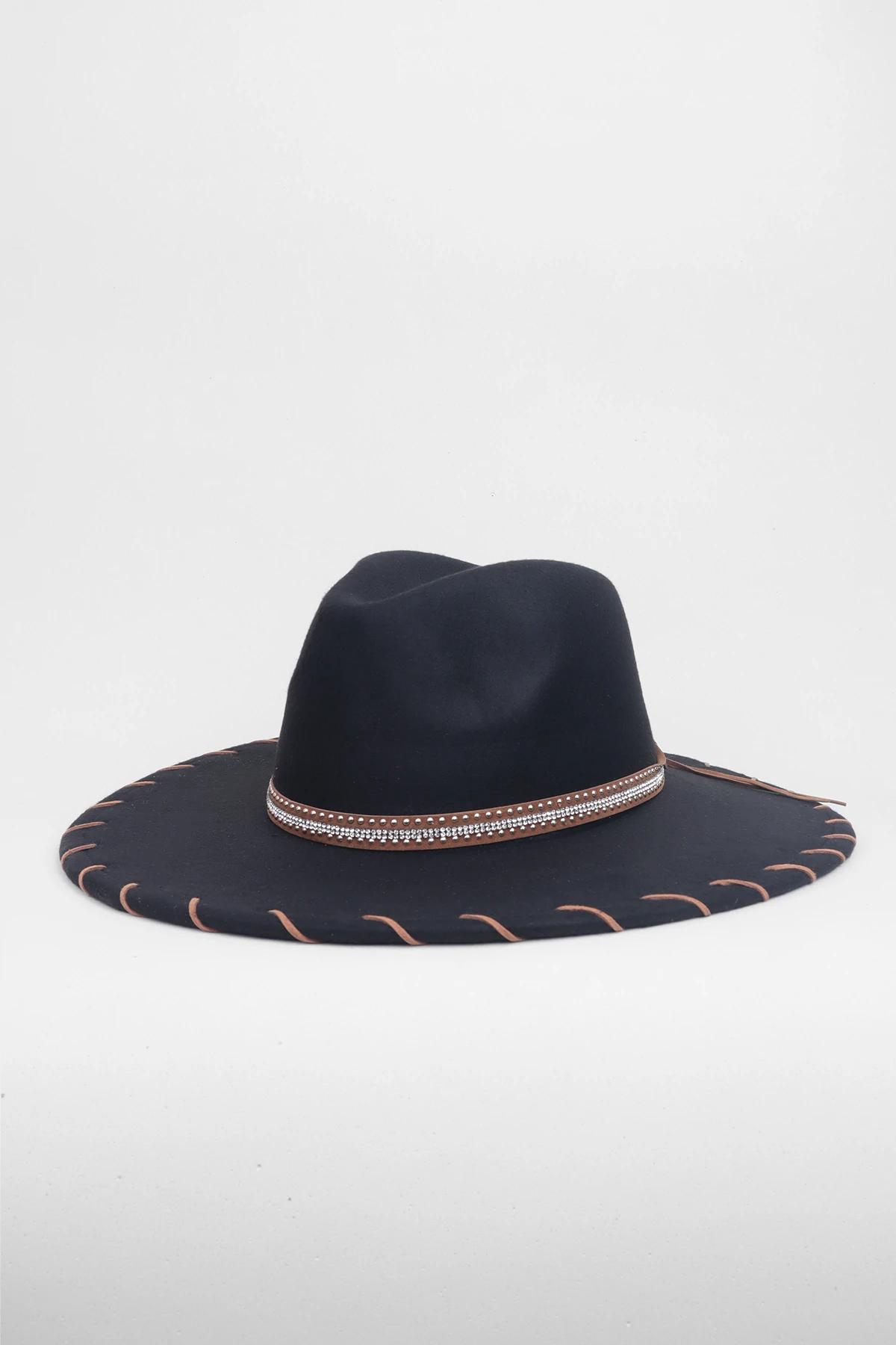 Kristal Taşlı Şerit Detaylı Fötr Panama Şapka - Siyah