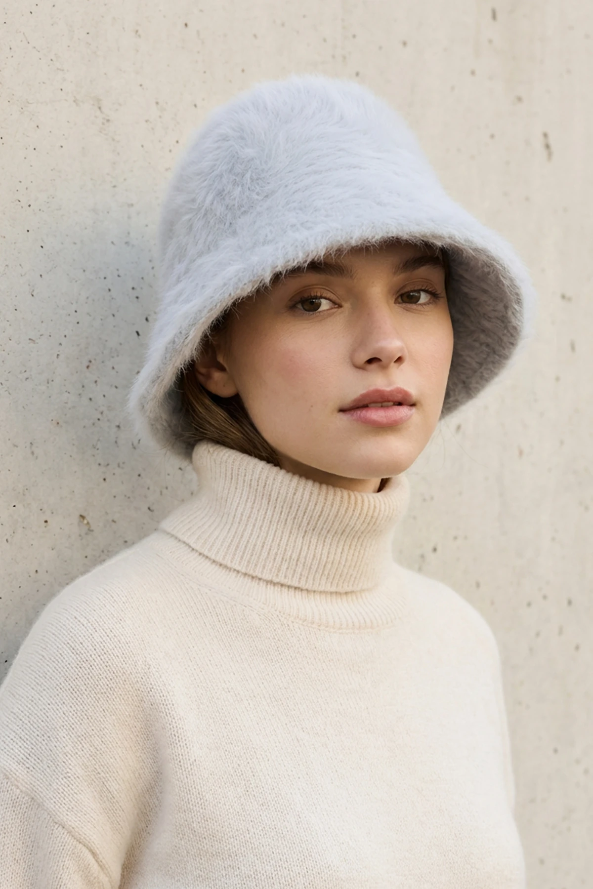 Yünlü Bucket Çan Angora Çan Şapka - Gri