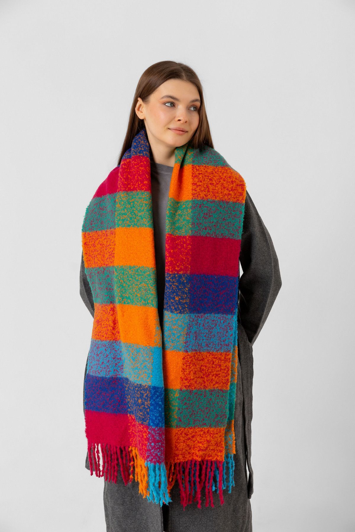 Turuncu Kare Desenli Püsküllü Kalın Sıcak Tutan Şık Kışlık Atkı Sal1292