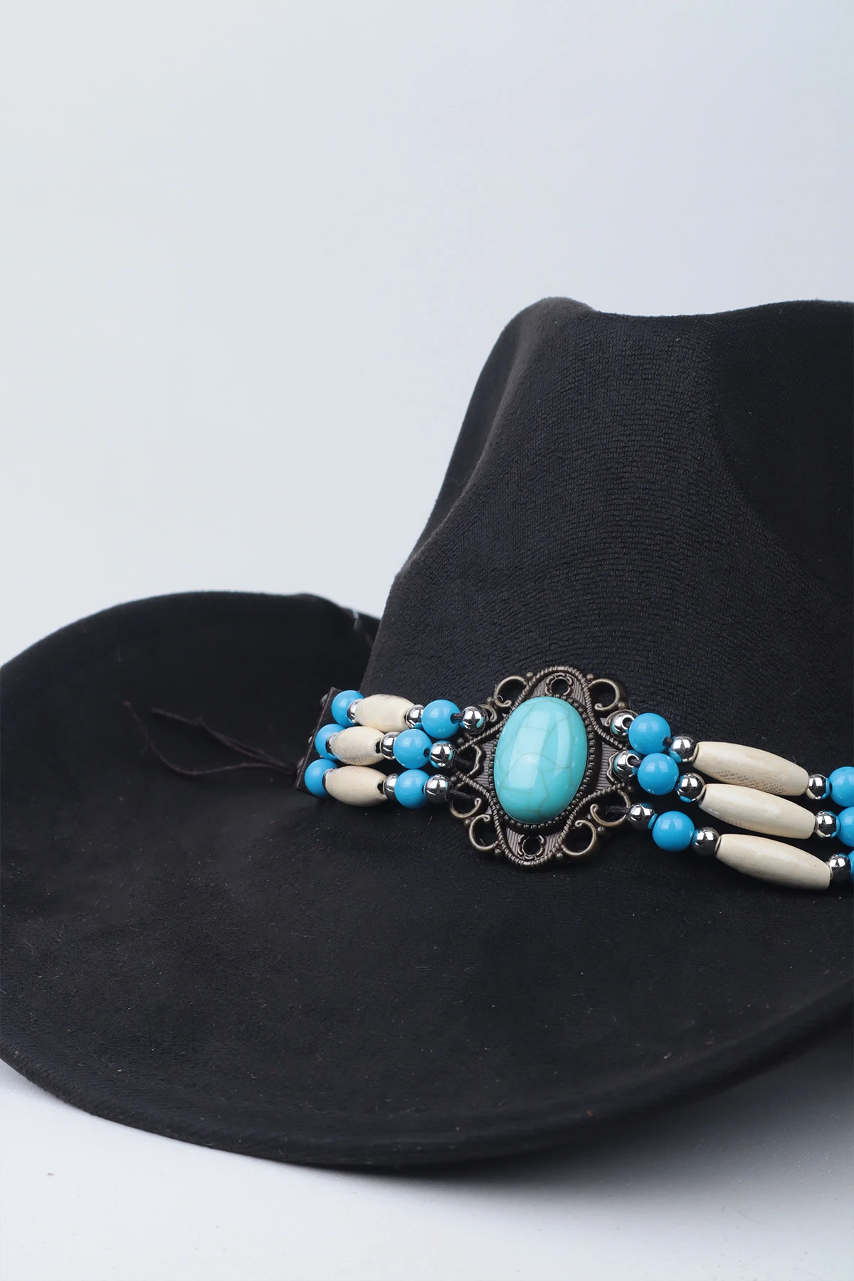 Kovboy Boncuk Kemer Detaylı Taş Figürlü Fötr Şapka - Siyah