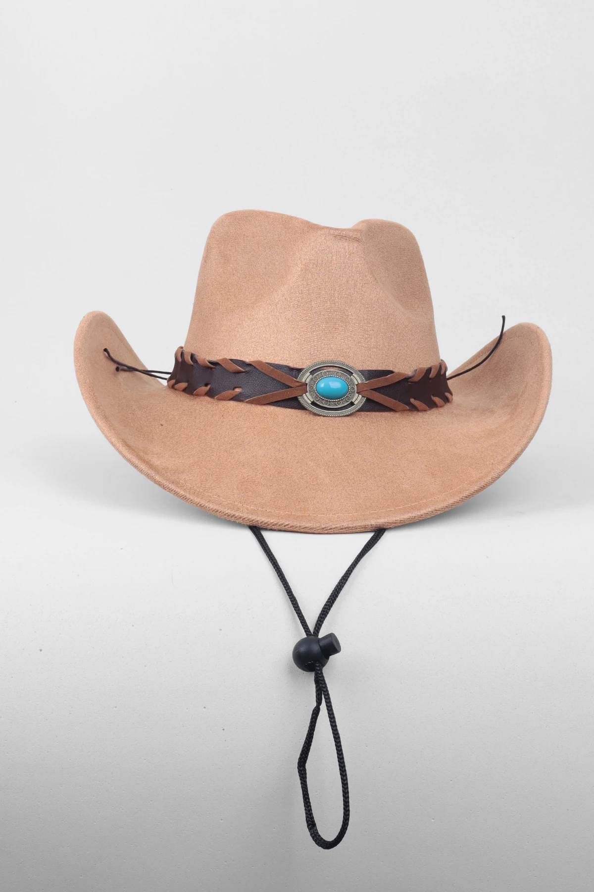 Kovboy Deri Kemer Detaylı Taş Figürlü Fötr Şapka - Camel