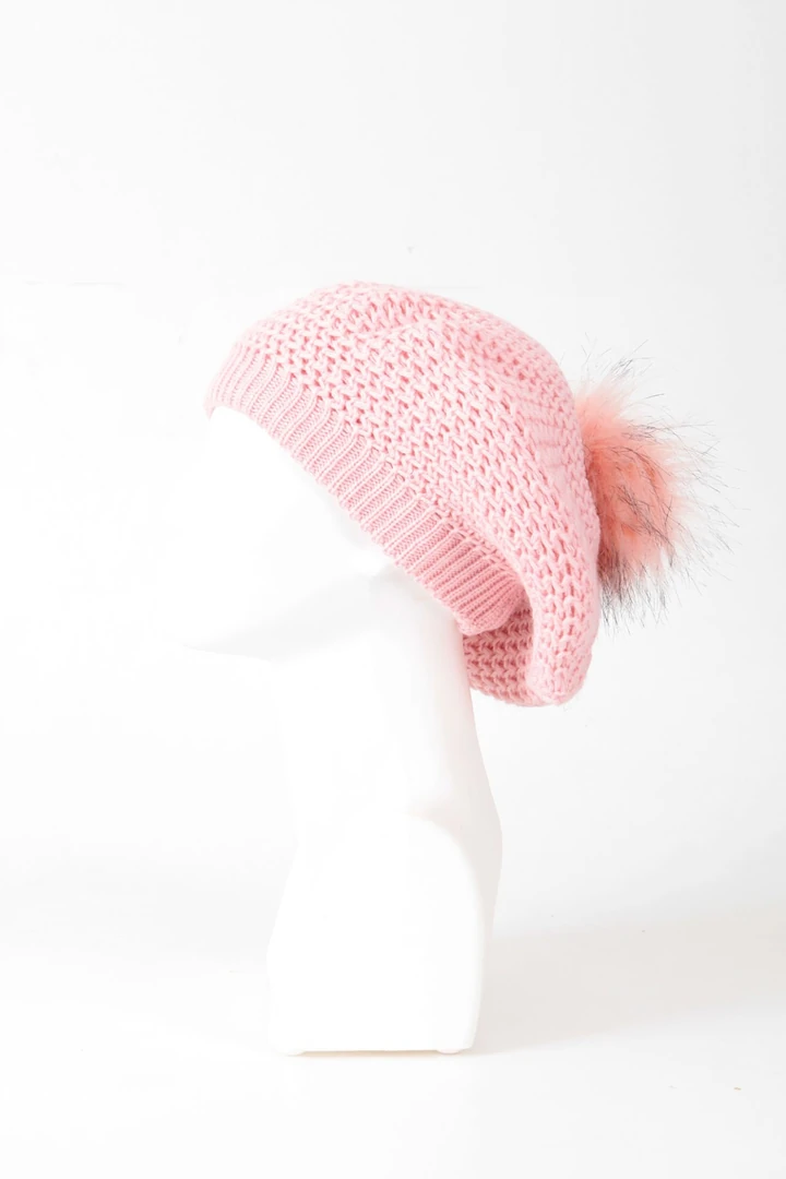 Ponponlu Örgü Ressam Beresi - Pembe