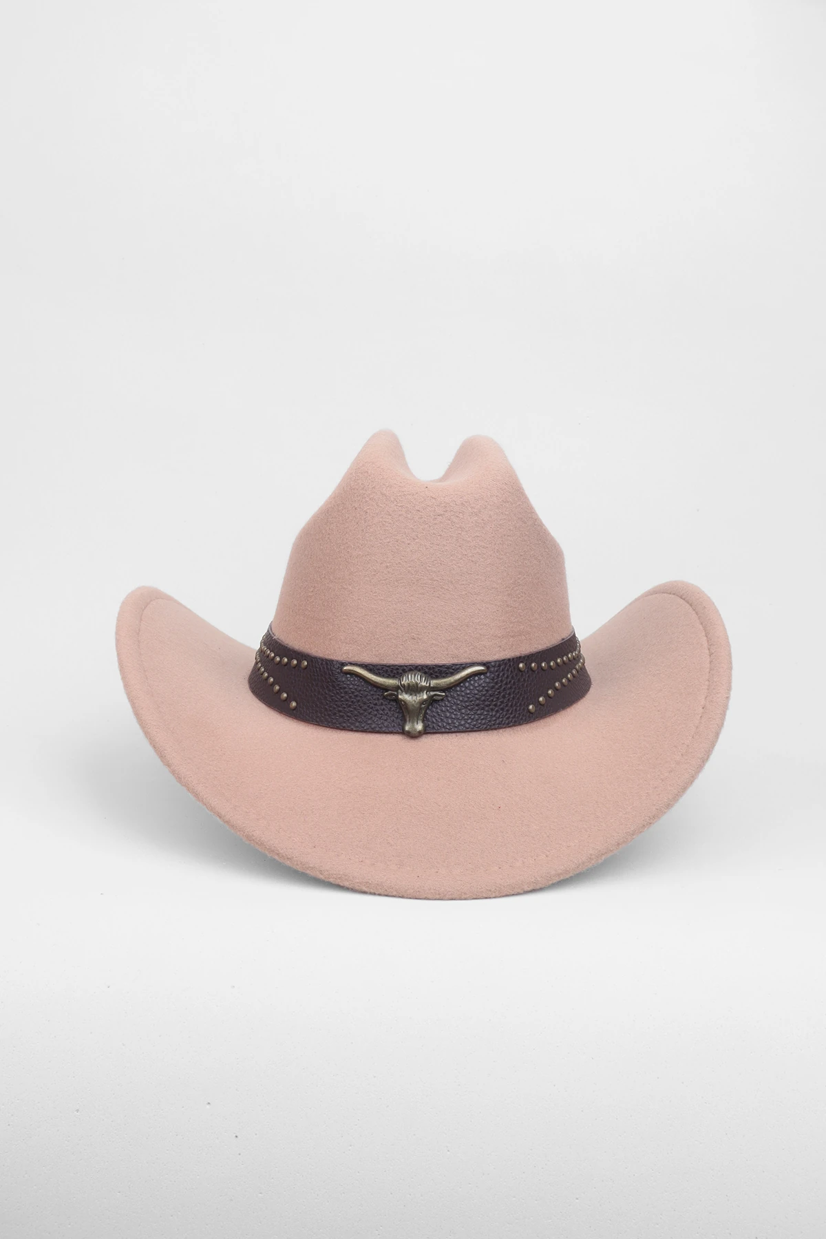 Kovboy Deri Detaylı Boğa Figürlü Fötr Şapka - Vizon