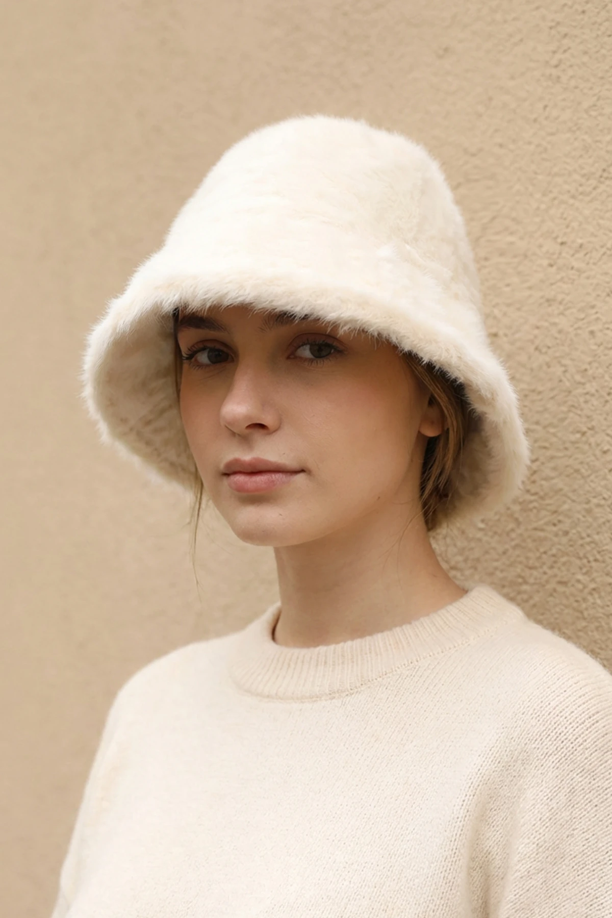 Yün Bucket Çan Şapka - Krem